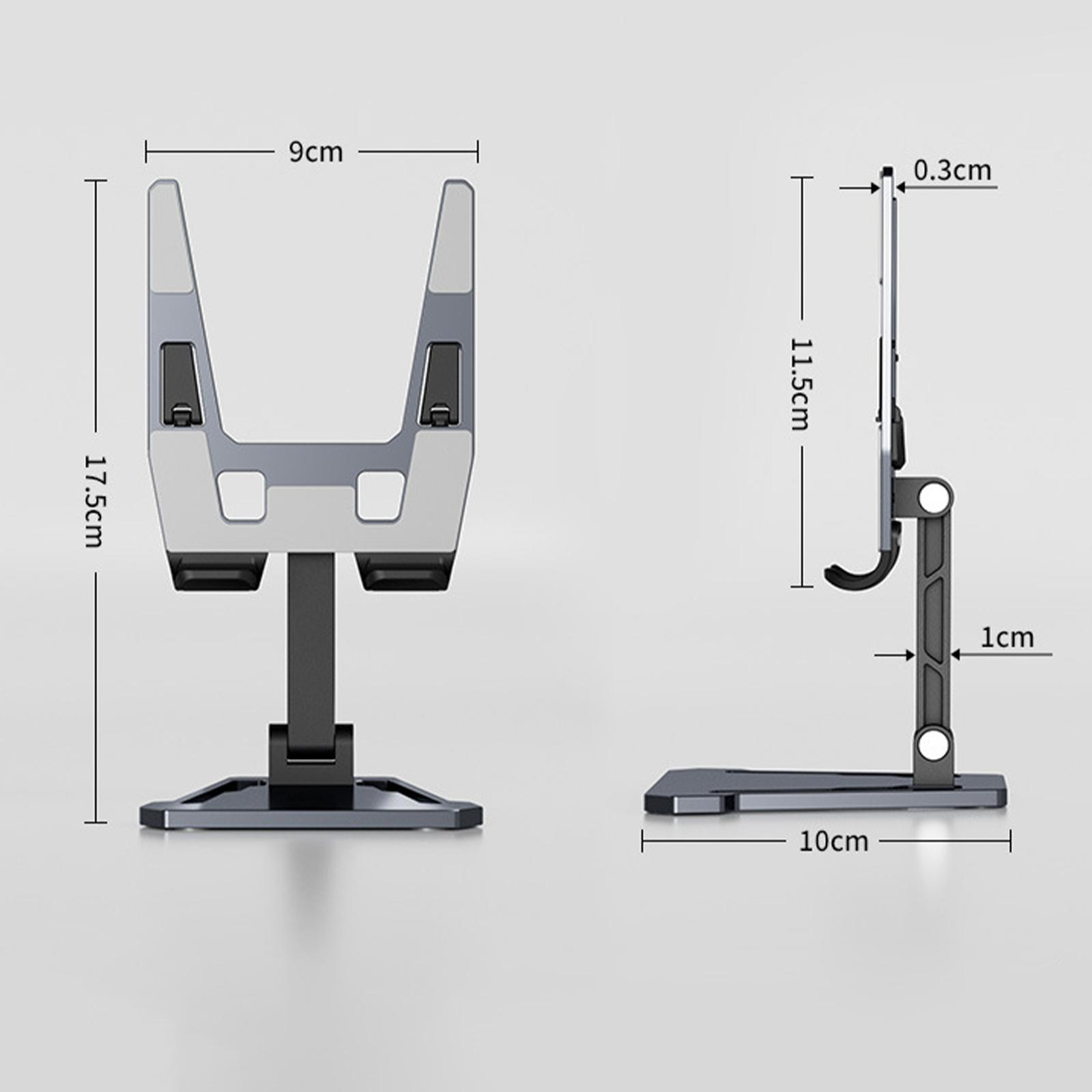 Diagramm eines schwarz-grauen Telefon-/Tablet-Ständers mit Abmessungen.