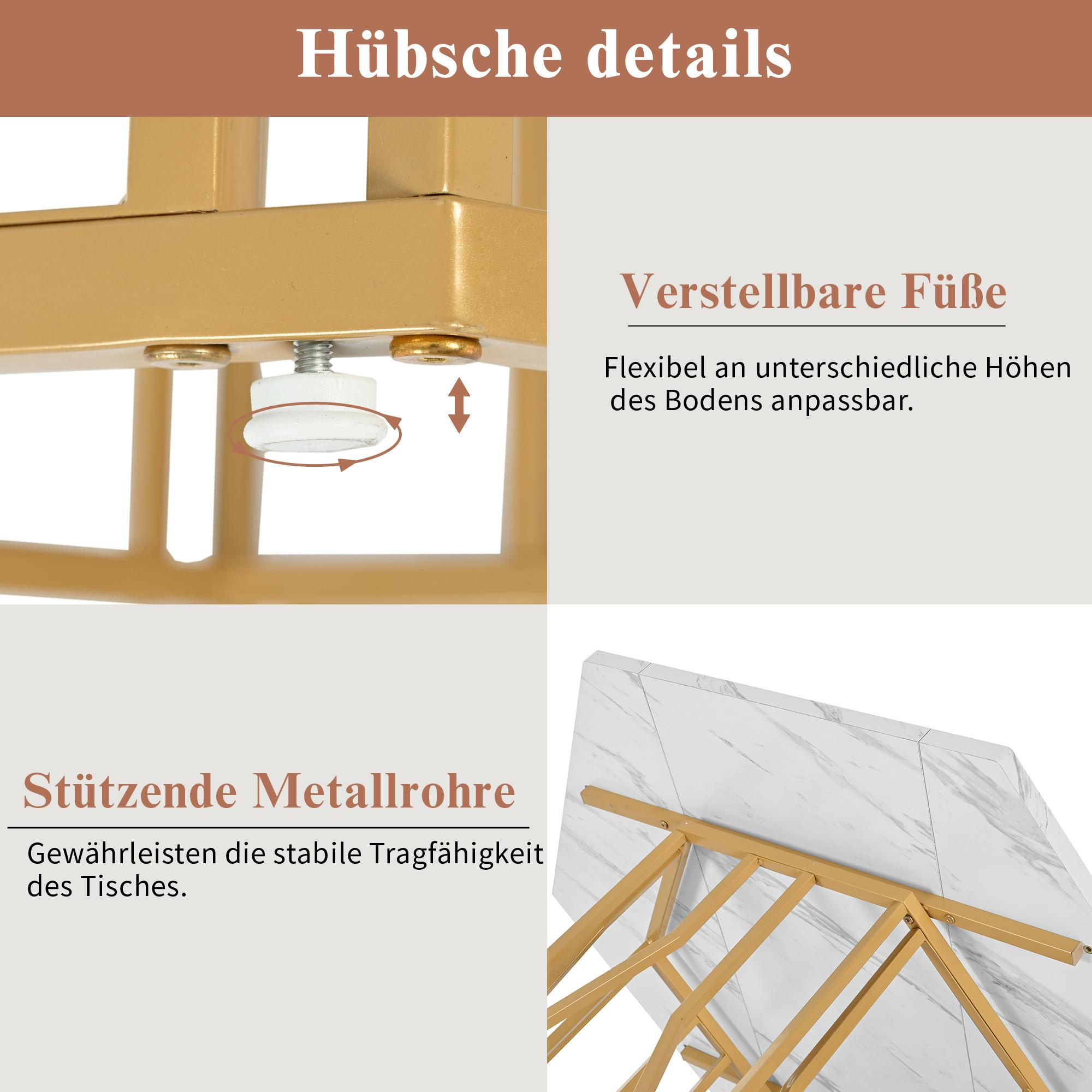 Nahaufnahmen von goldenem Tischfuß und Tischplatte.