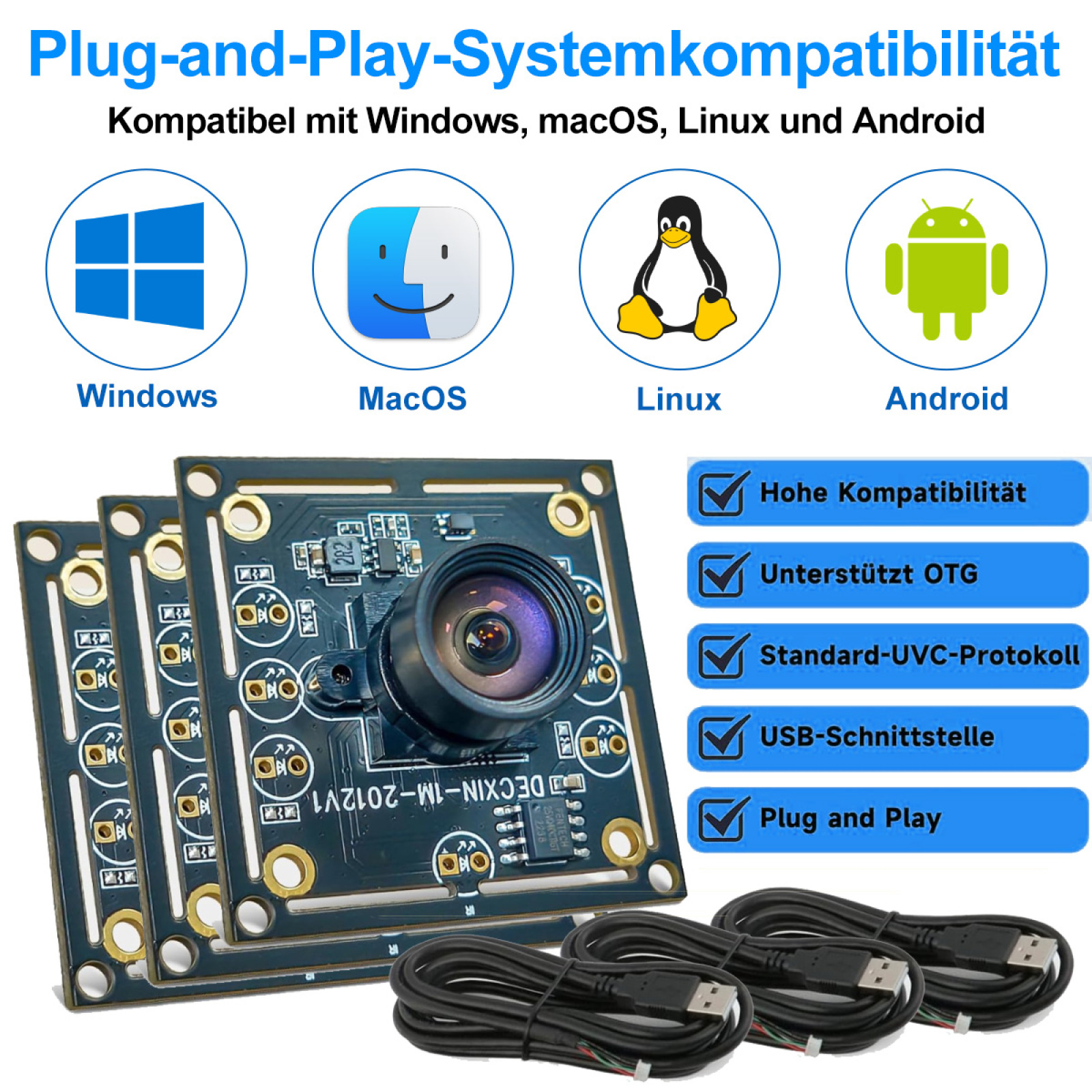 Bild zeigt eine Kamera mit vier Systemlogos: Windows, MacOS, Linux und Android, zusammen mit Text.