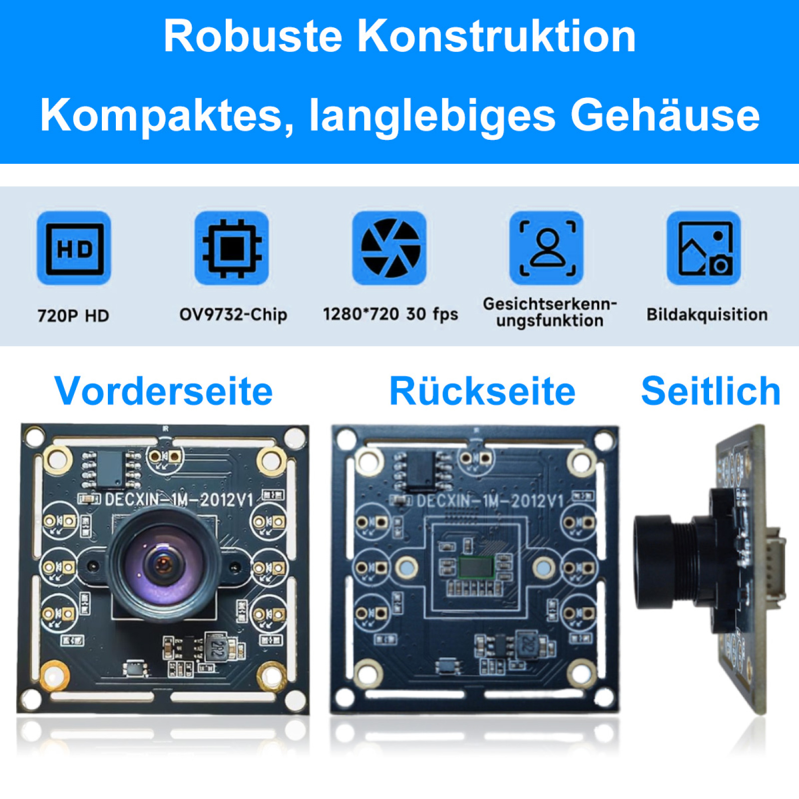 Bild von Kamerakomponenten mit deutschem Text, der die Funktionen und den Aufbau der Kamera beschreibt.