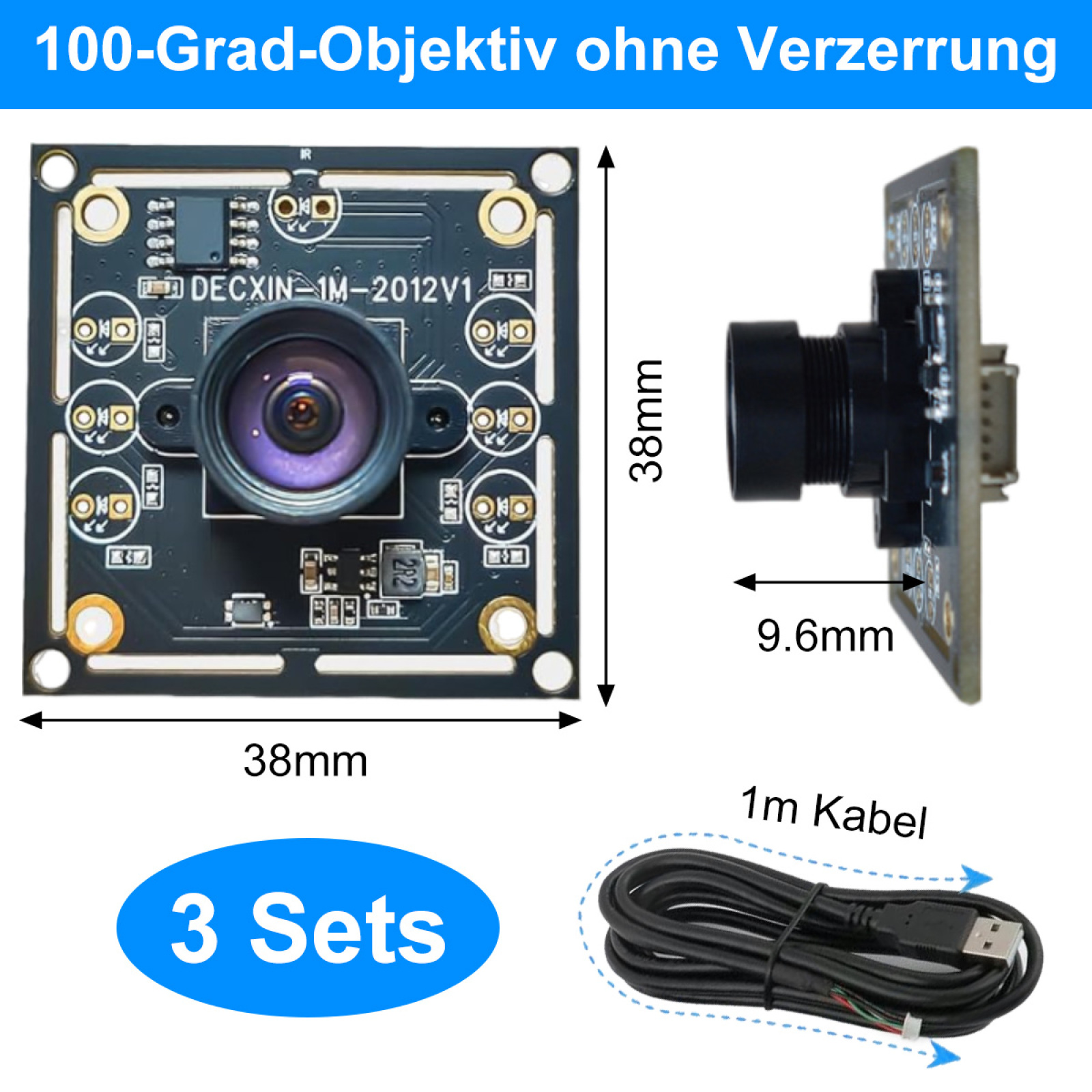 Ein Kameramodul mit Objektiv und Abmessungen. Es beinhaltet ein Kabel und das Label: 3 Sätze.