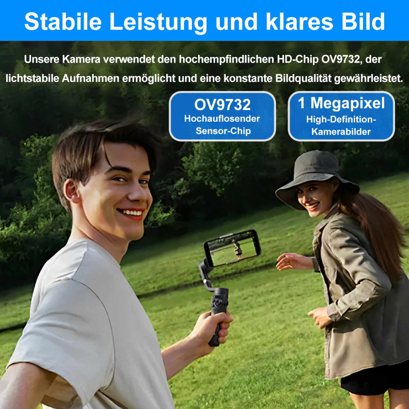 Zwei Personen benutzen ein Gimbal mit Smartphone im Freien. Das Bild deutet auf einen sonnigen Tag hin.