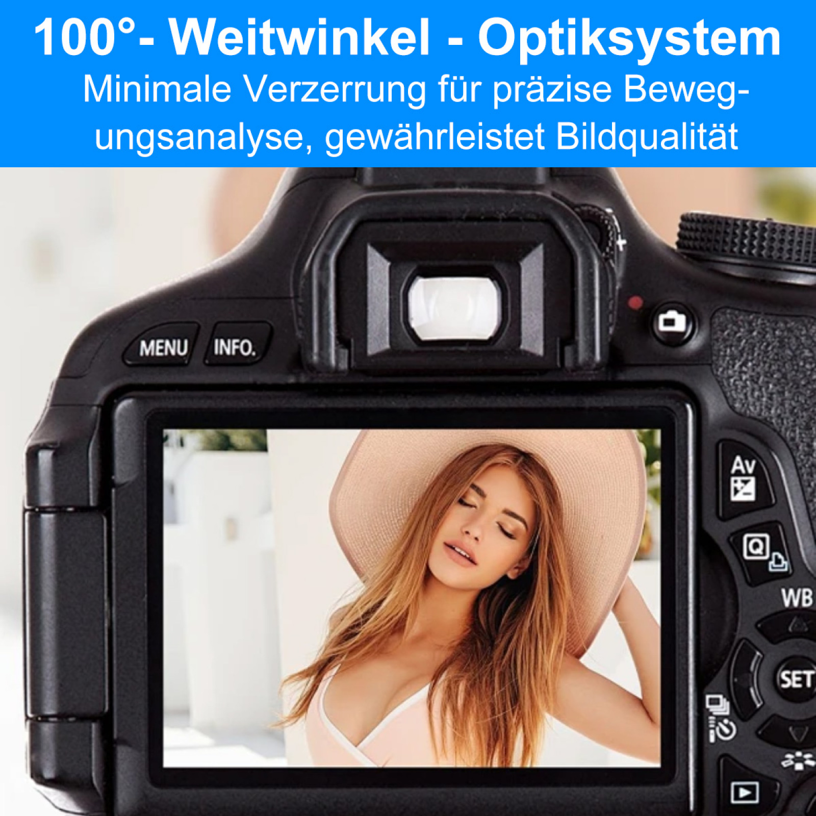 Kamerabildschirm zeigt eine Frau mit Hut. Text über Weitwinkeloptik.