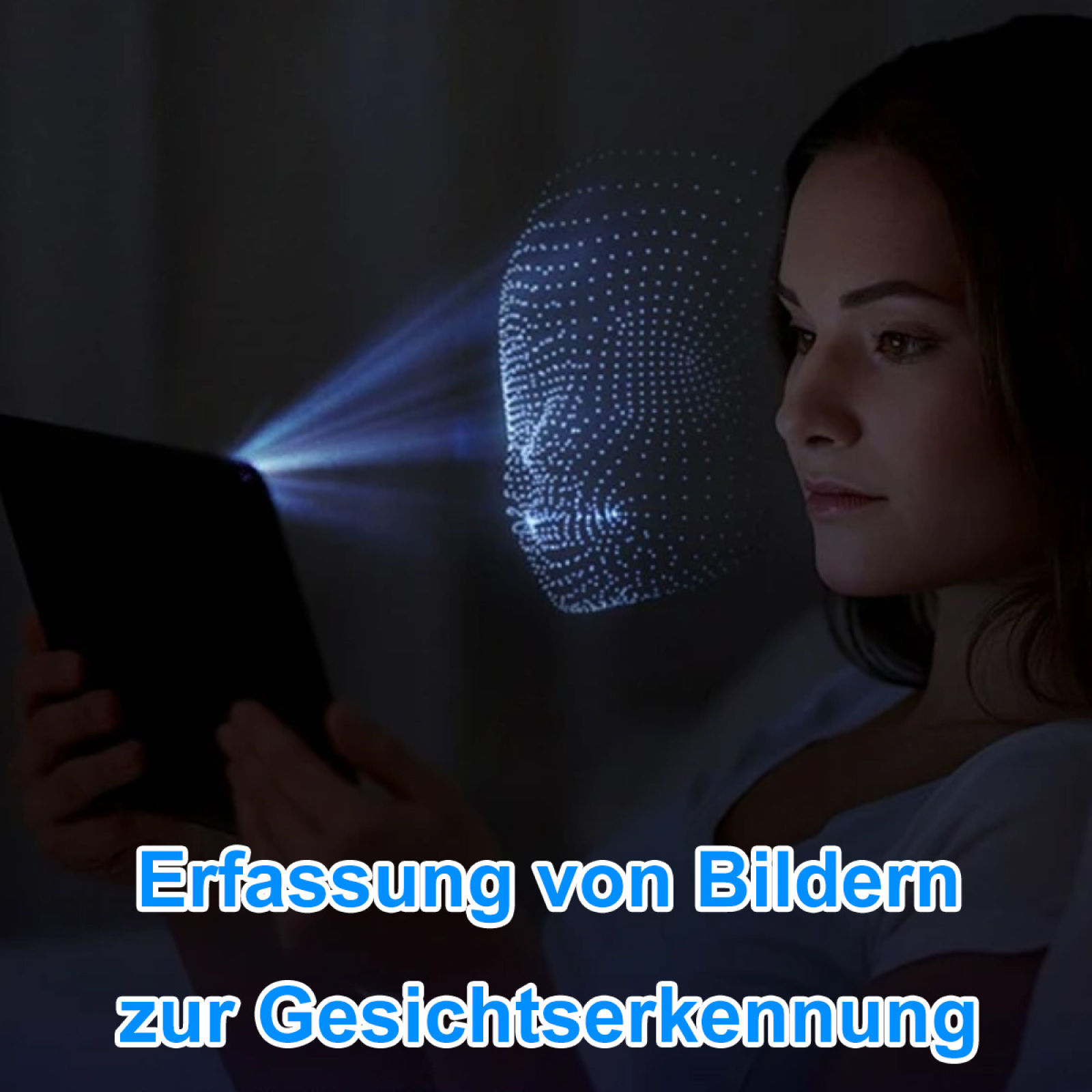 Frau benutzt Tablet, projiziertes Gesicht für Gesichtserkennung, dunkle Umgebung.