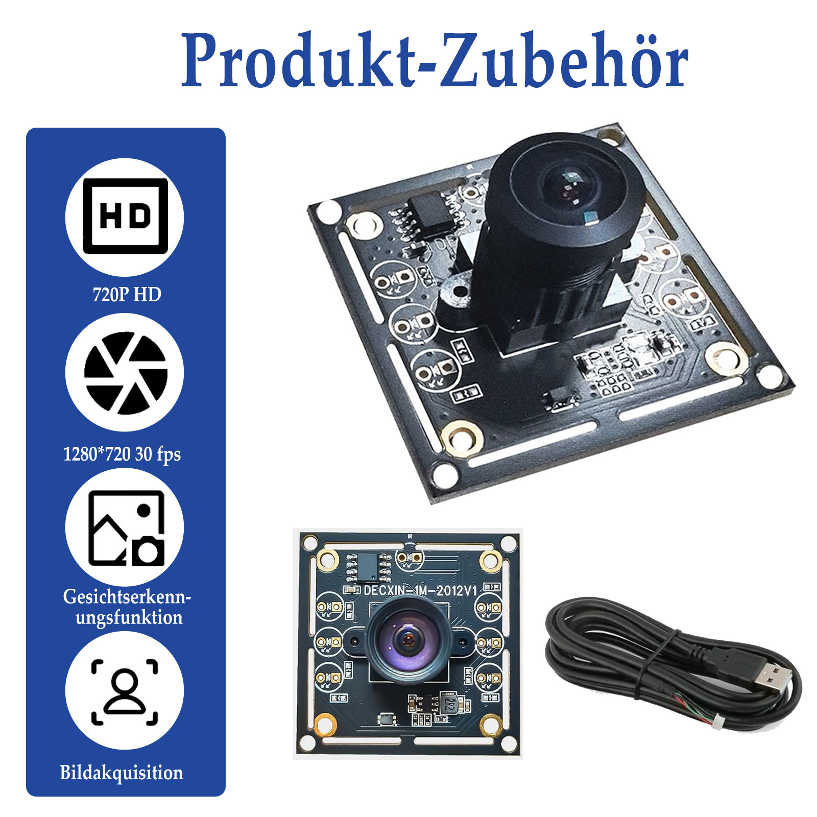 Ein Satz Kameramodule und Kabel mit dem Titel „Produkt-Zubehör“ auf Deutsch.