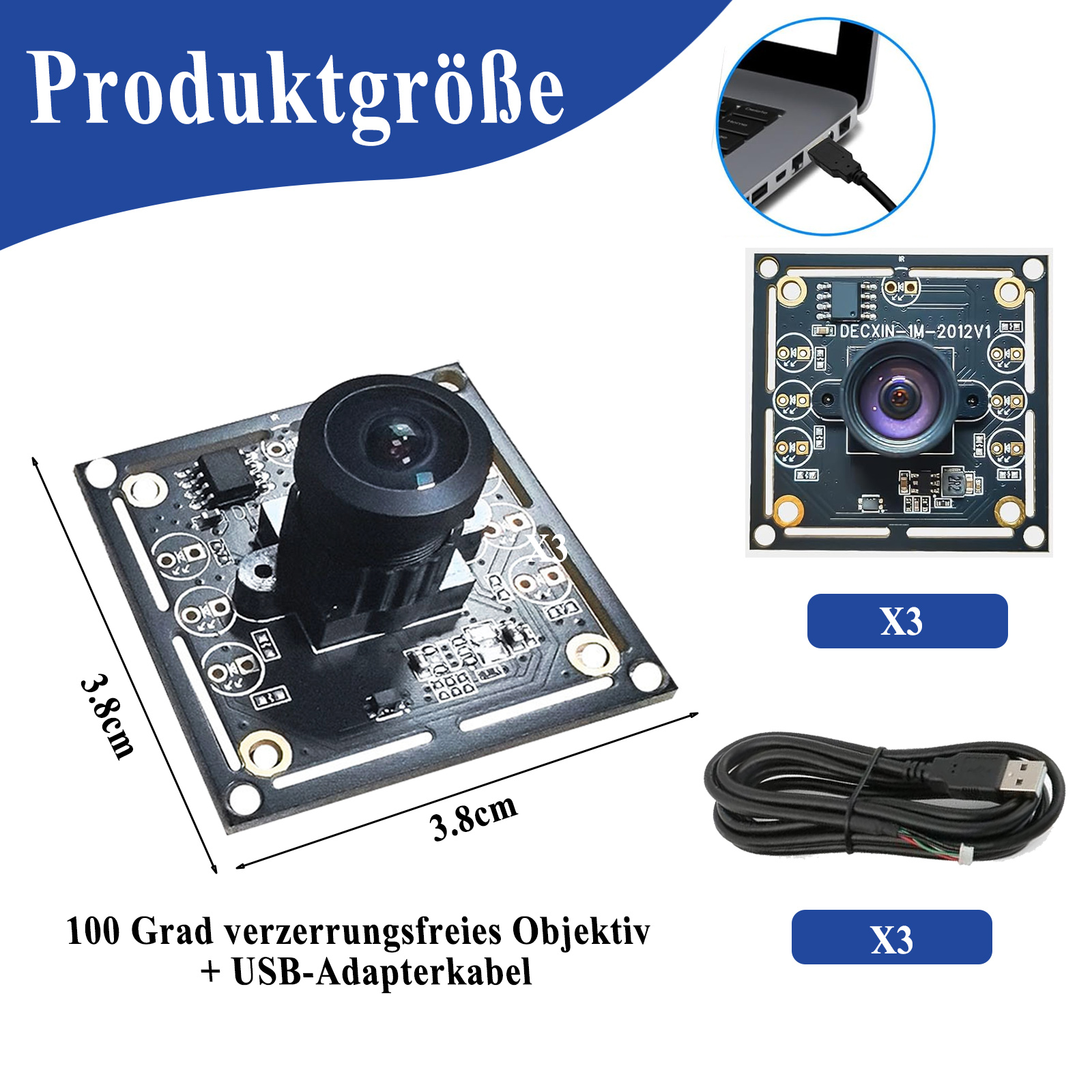 Kameramodul mit Linse und Leiterplatte, 3,8 cm x 3,8 cm. USB-Kabel & ein weiteres Kameramodul in einer Box.