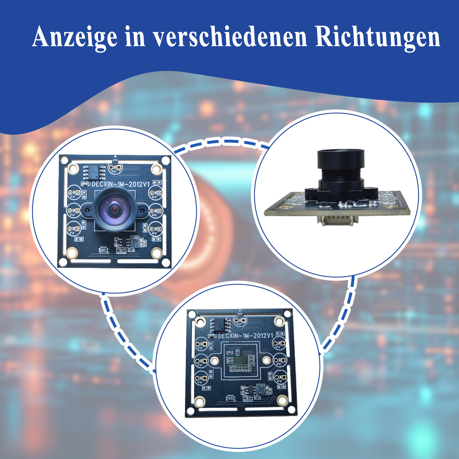 Drei Leiterplatten mit Kameras in verschiedenen Ansichten, mit blau getöntem Hintergrund und deutschem Text.
