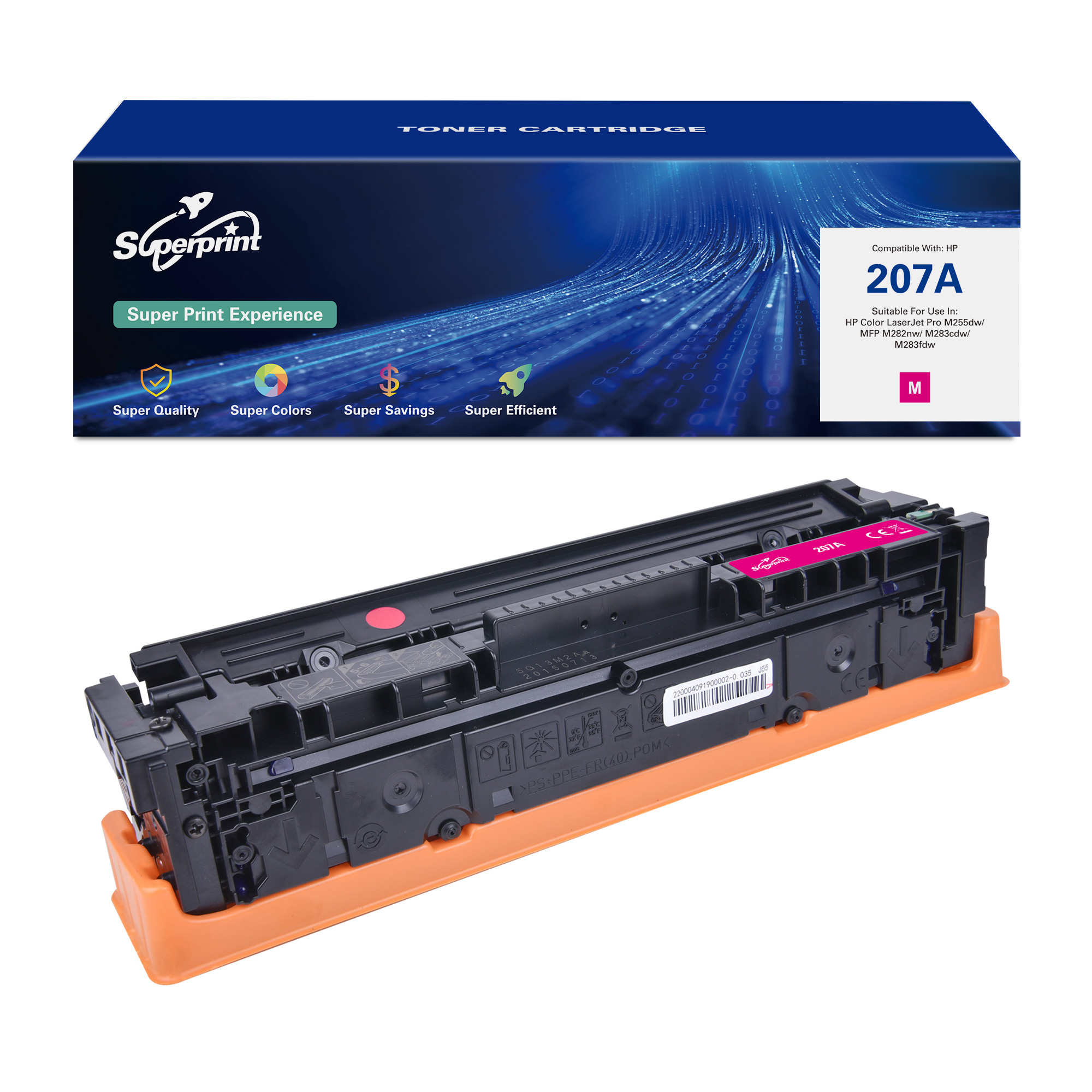 Tonercartridgebox met de cartridge zelf, die magenta kleur en tekst laat zien.