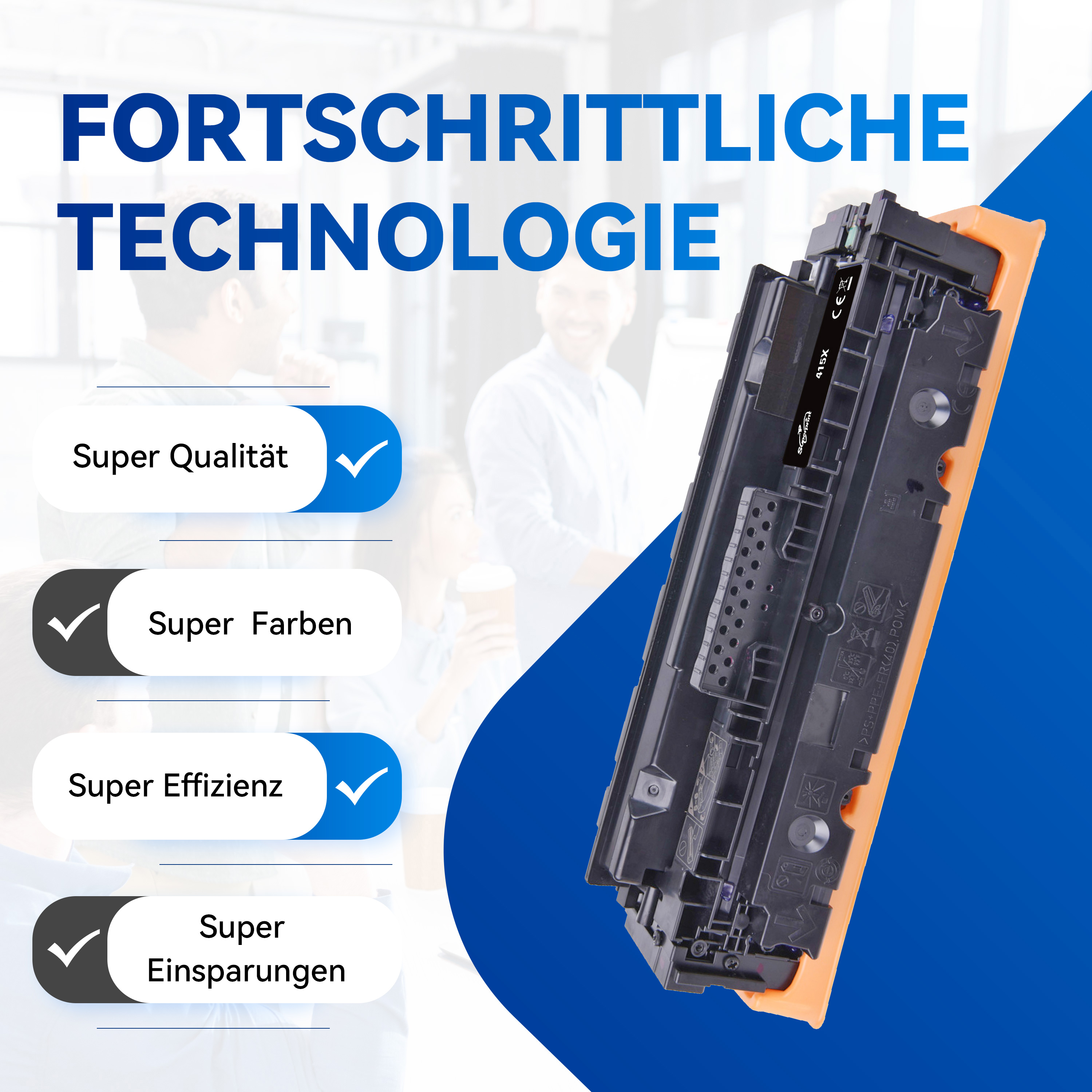 Tonercartridge op blauwe achtergrond met vinkjes en tekst over kwaliteit.