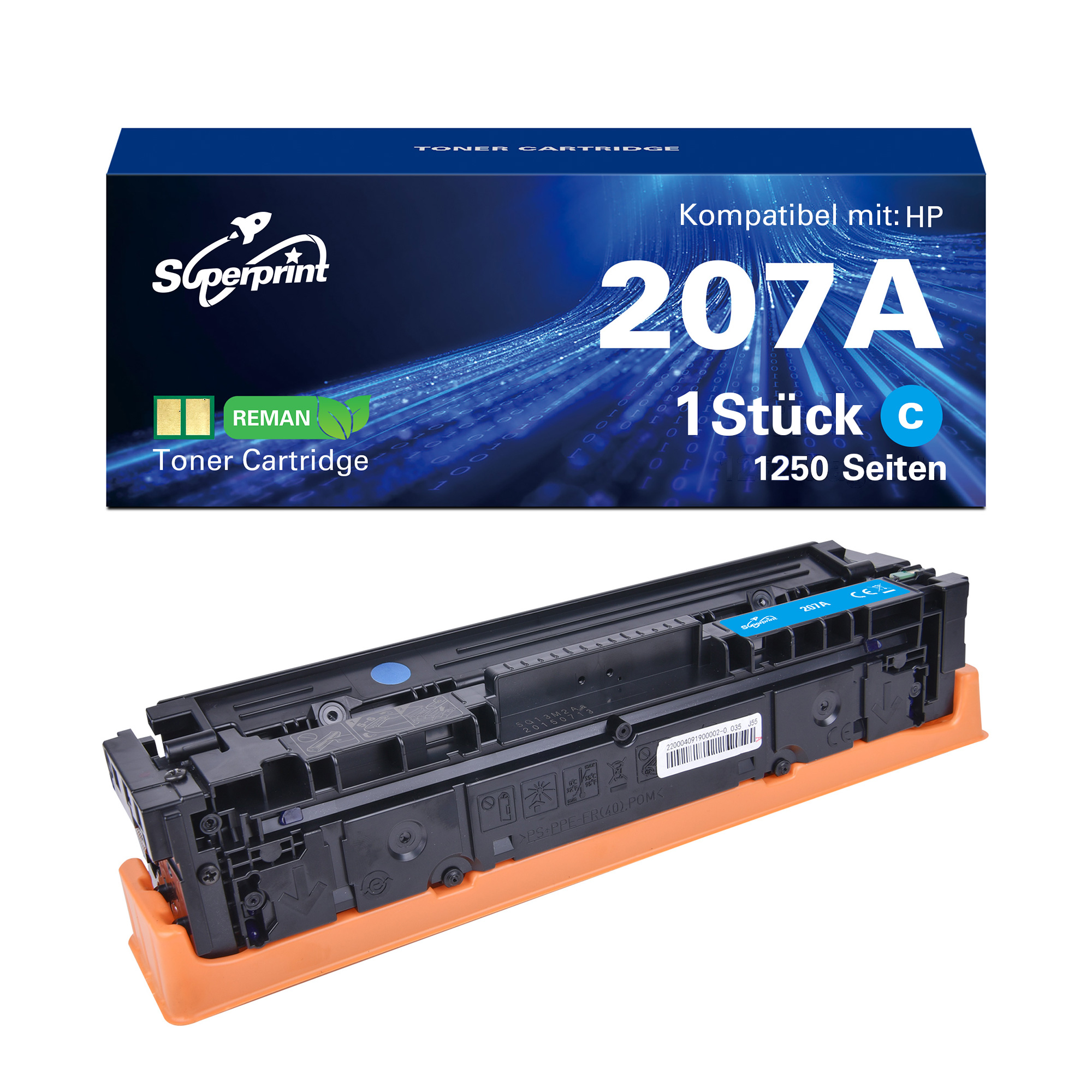 Tonercartridge doos met tekst. Cyaan tonercartridge eronder. Oranje basis voor de cartridge.