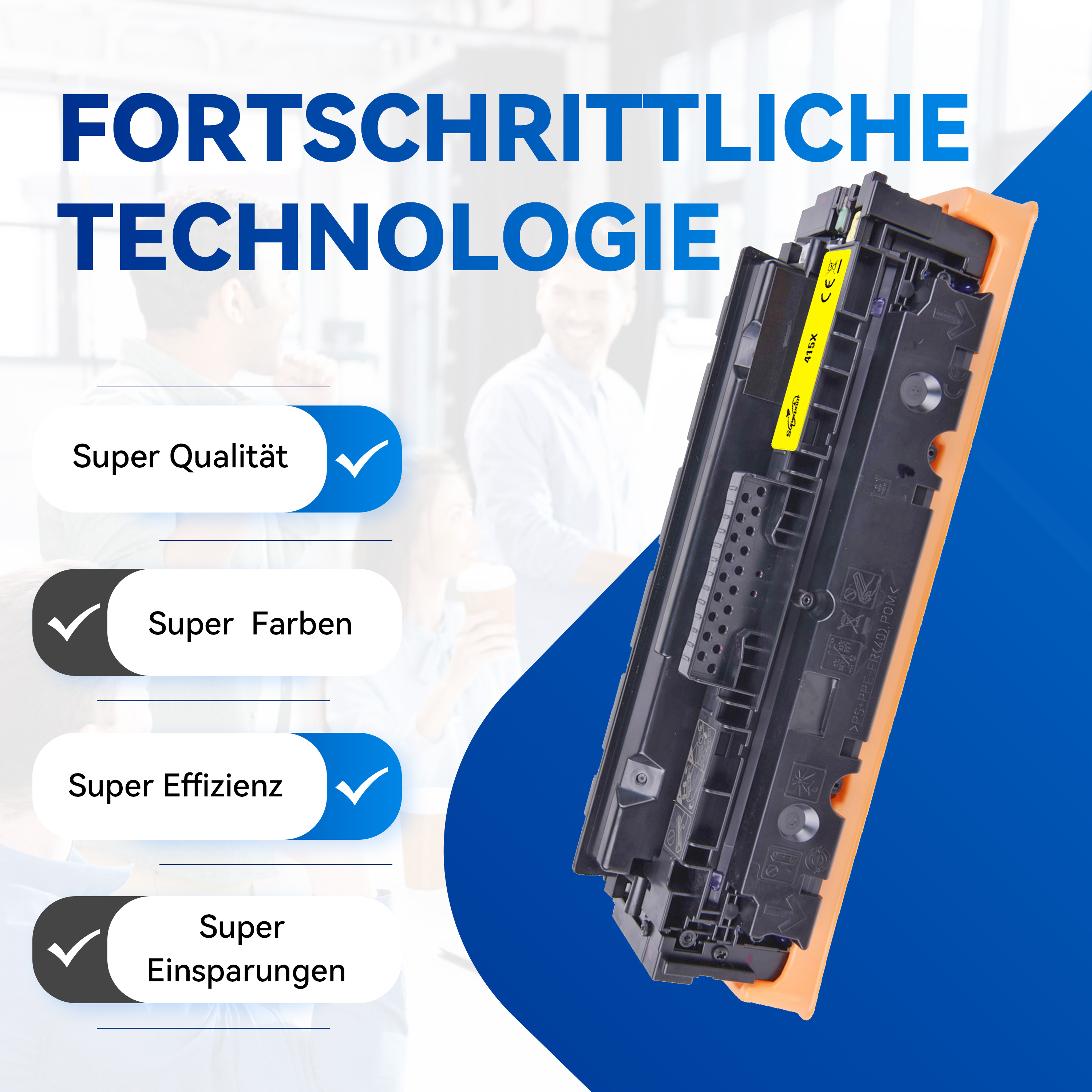 Een tonercartridge met de tekst '415A' en 4 vinkjes. De achtergrond is blauw met vage mensen.