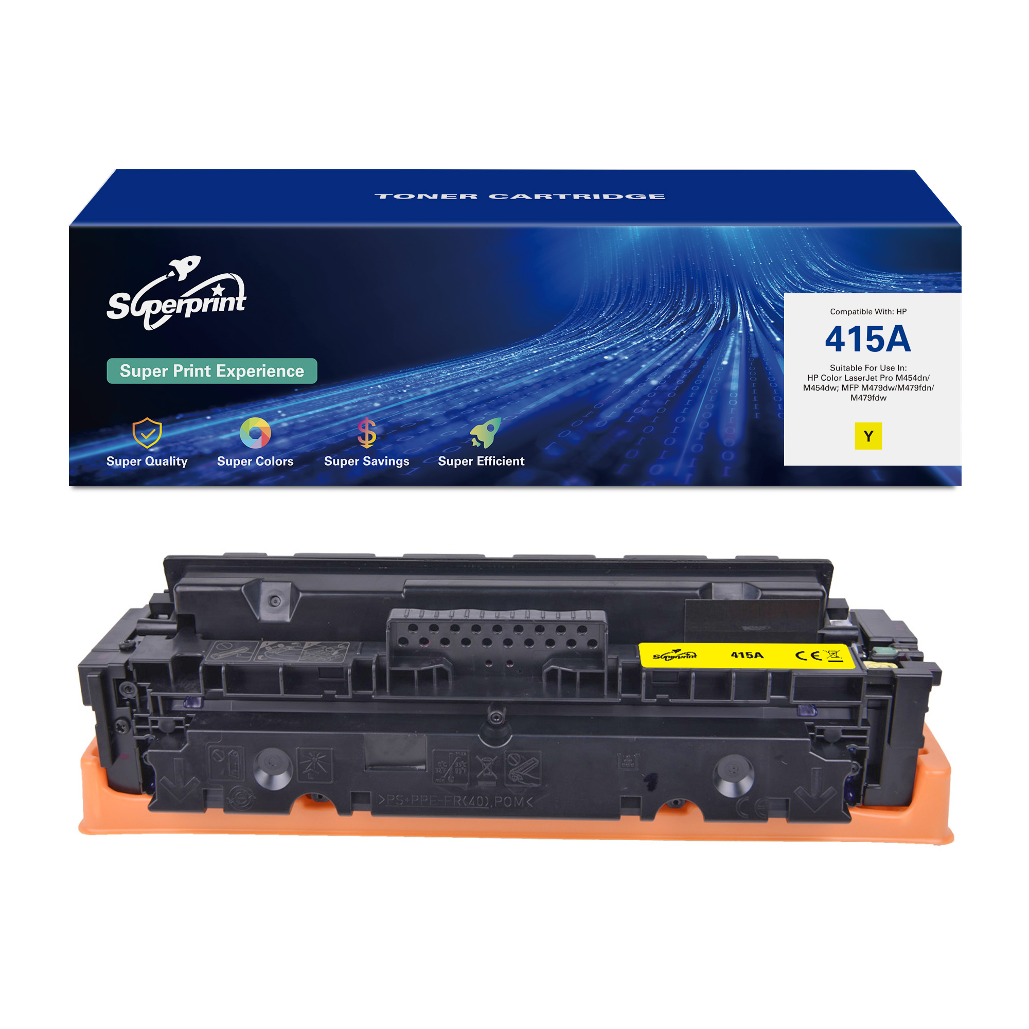 Een tonercartridgebox met het label 'Superprint 415A'. Een gele tonercartridge staat eronder.