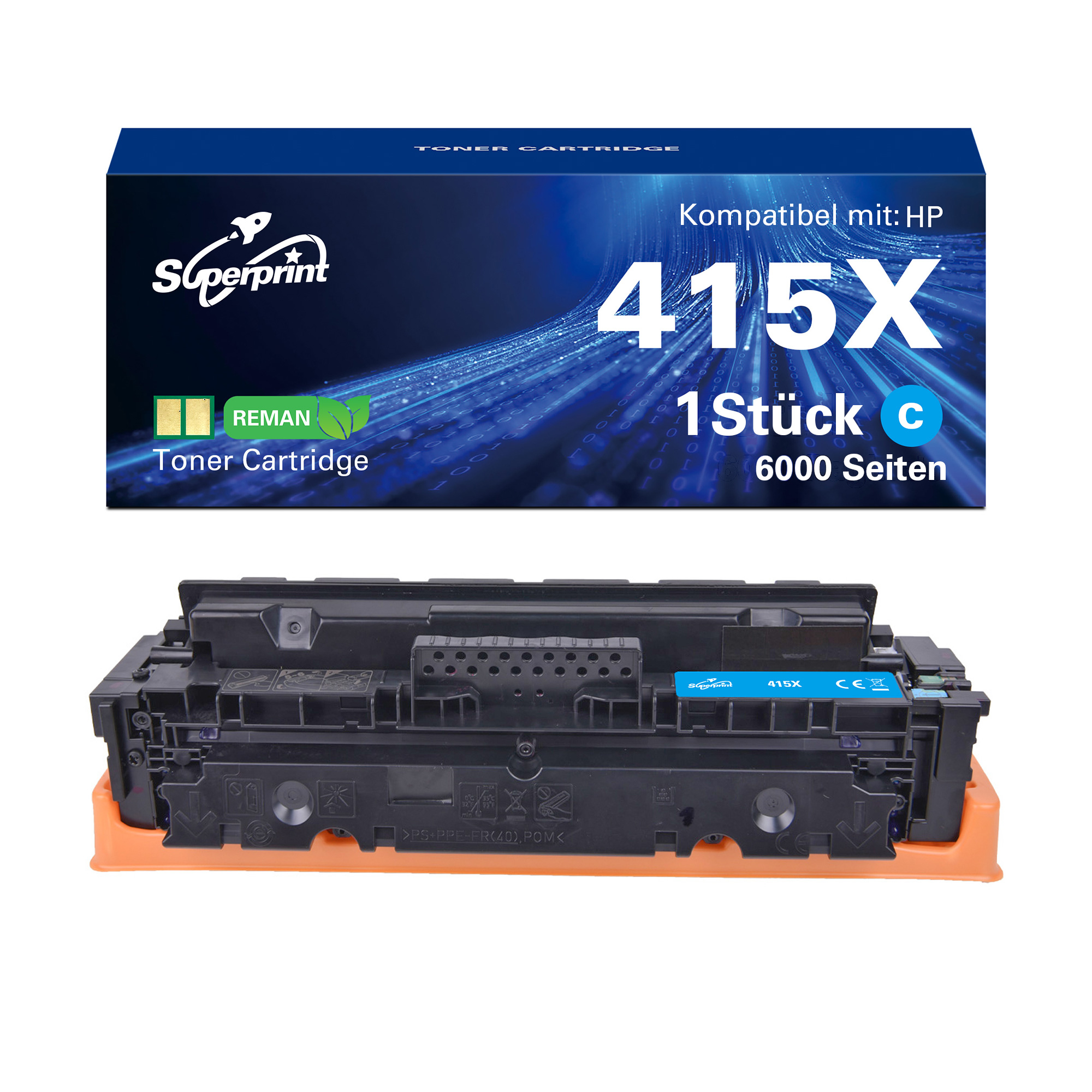 Printer tonerdoos en cartridge. De doos is blauw en de cartridge is cyaan. Achtergrond is wit.