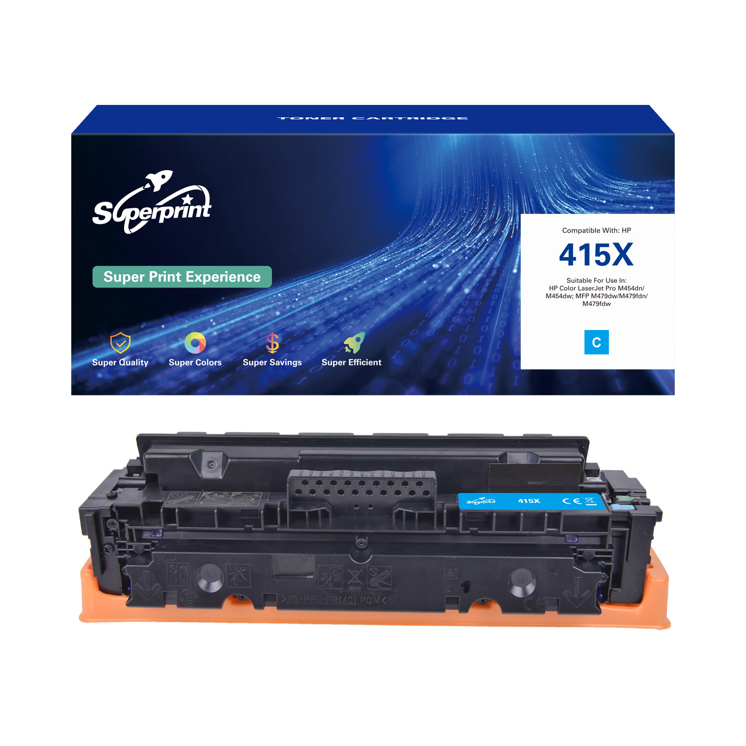 Printer tonerdoos en cartridge. De doos is blauw en de cartridge is cyaan. Achtergrond is wit.