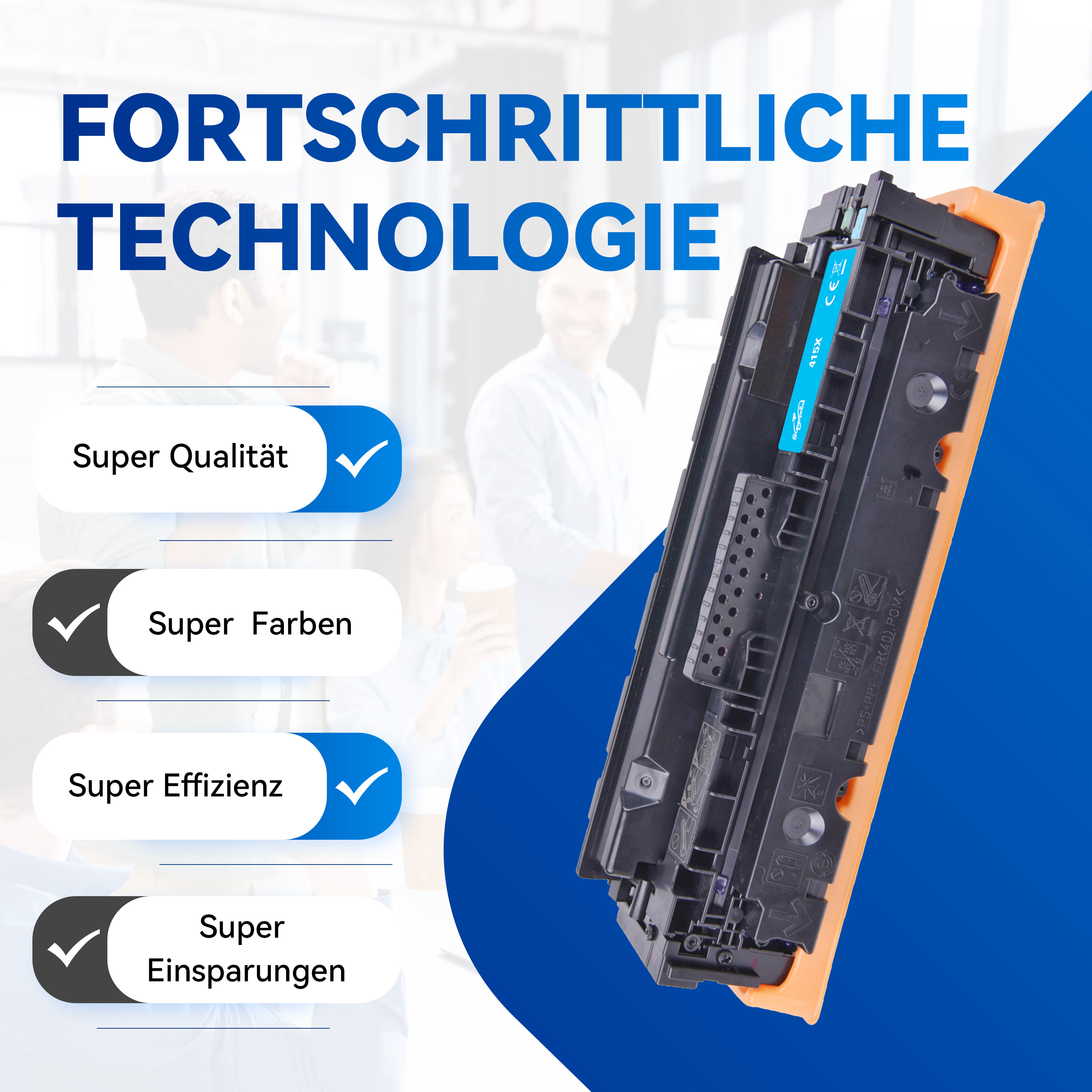 Een tonercartridge met de tekst '415A' en 4 vinkjes. De achtergrond is blauw met vage mensen.