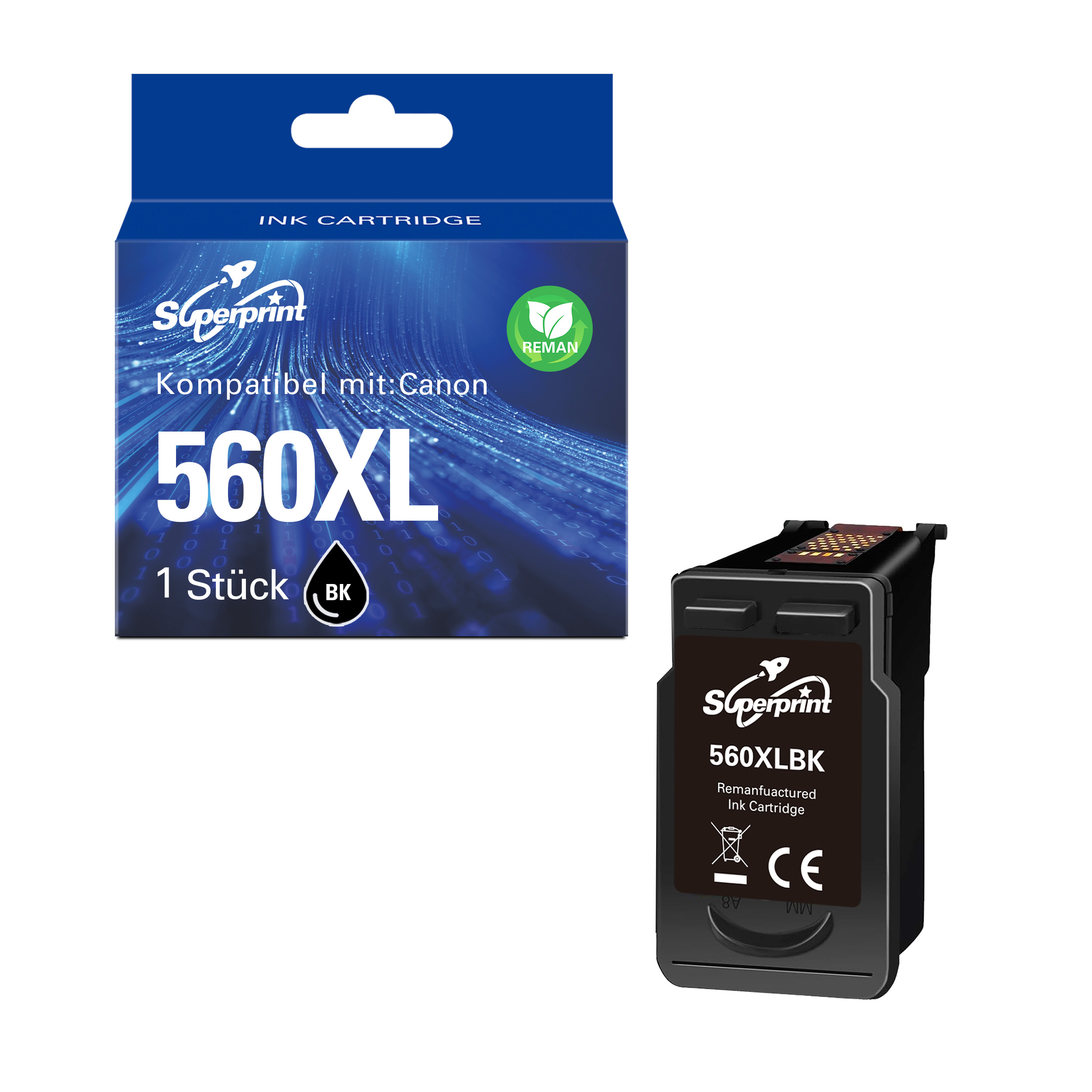 Inktcartridge doos en cartridge. Doos is blauw met tekst. Cartridge is zwart.