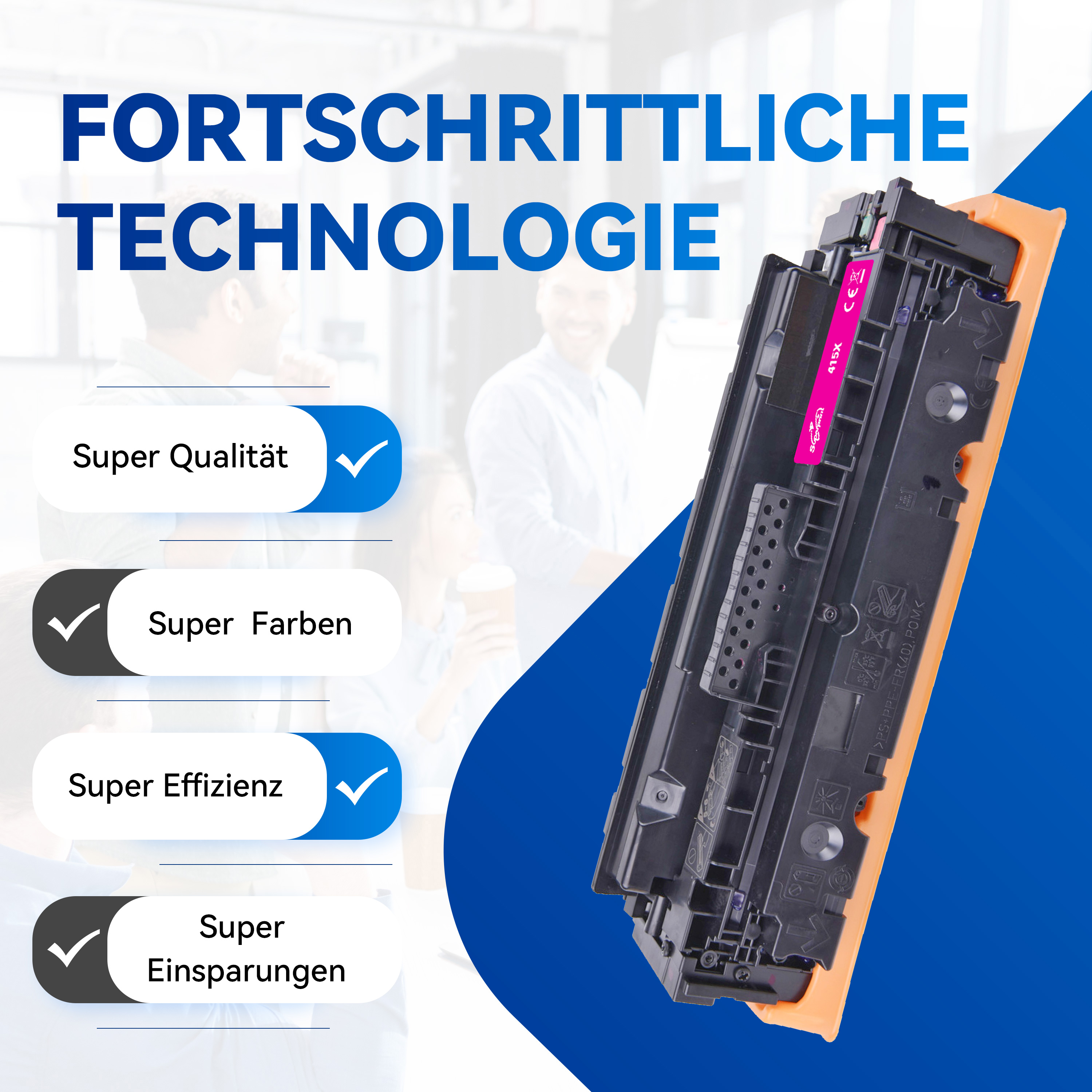 Cartouche de toner rose. Elle a des coches vertes et du texte. L'arrière-plan est flou.