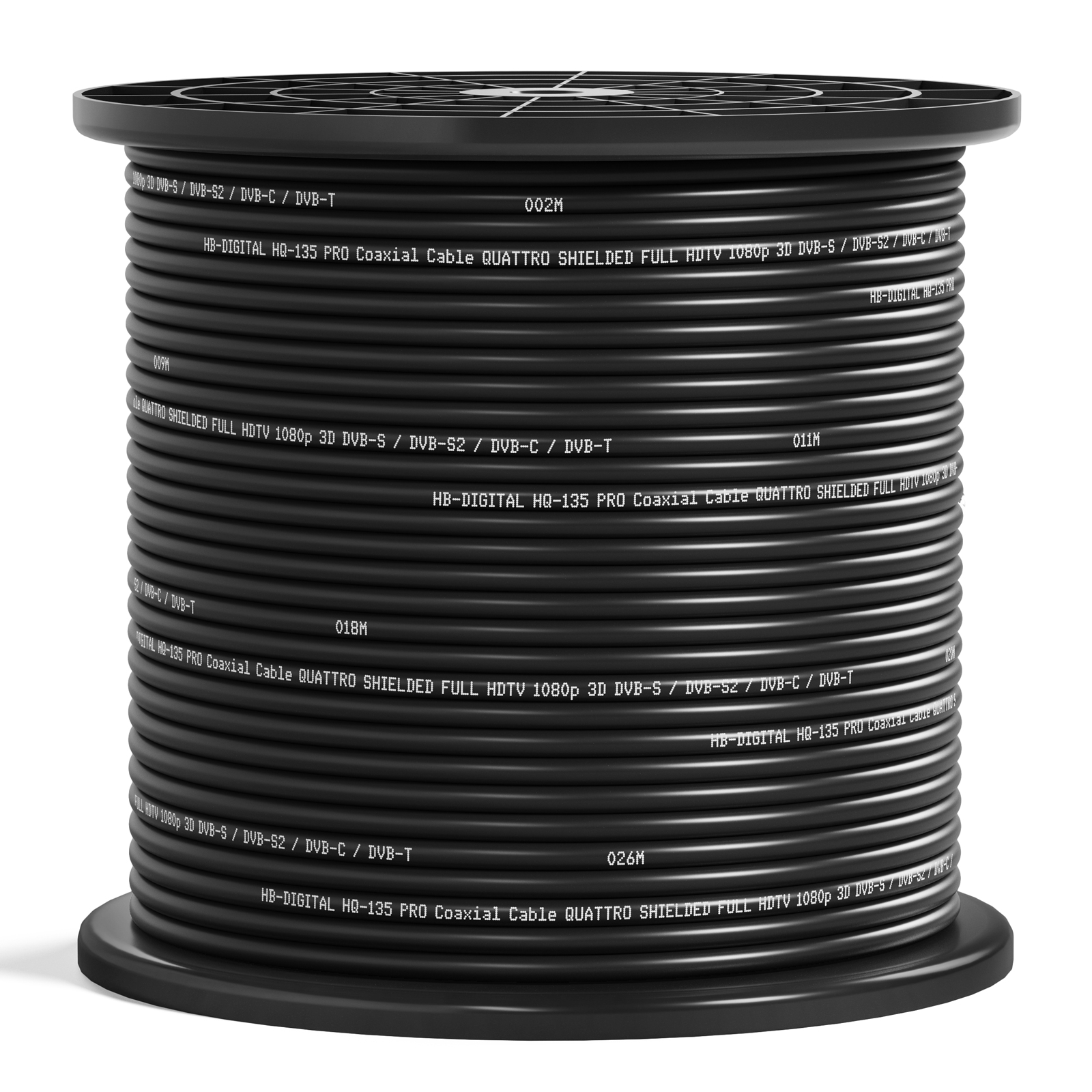 Schwarze Kabeltrommel. Das Kabel ist schwarz. Die Trommel hat einen schwarzen Sockel.
