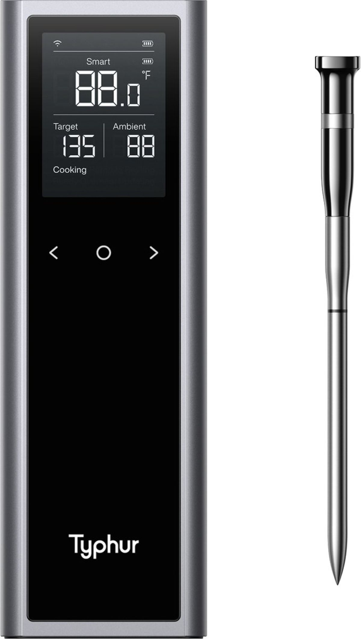 Silbernes Thermometer mit Bildschirm, der 88.0 und 135 anzeigt. Schwarzes Rechteck darunter.