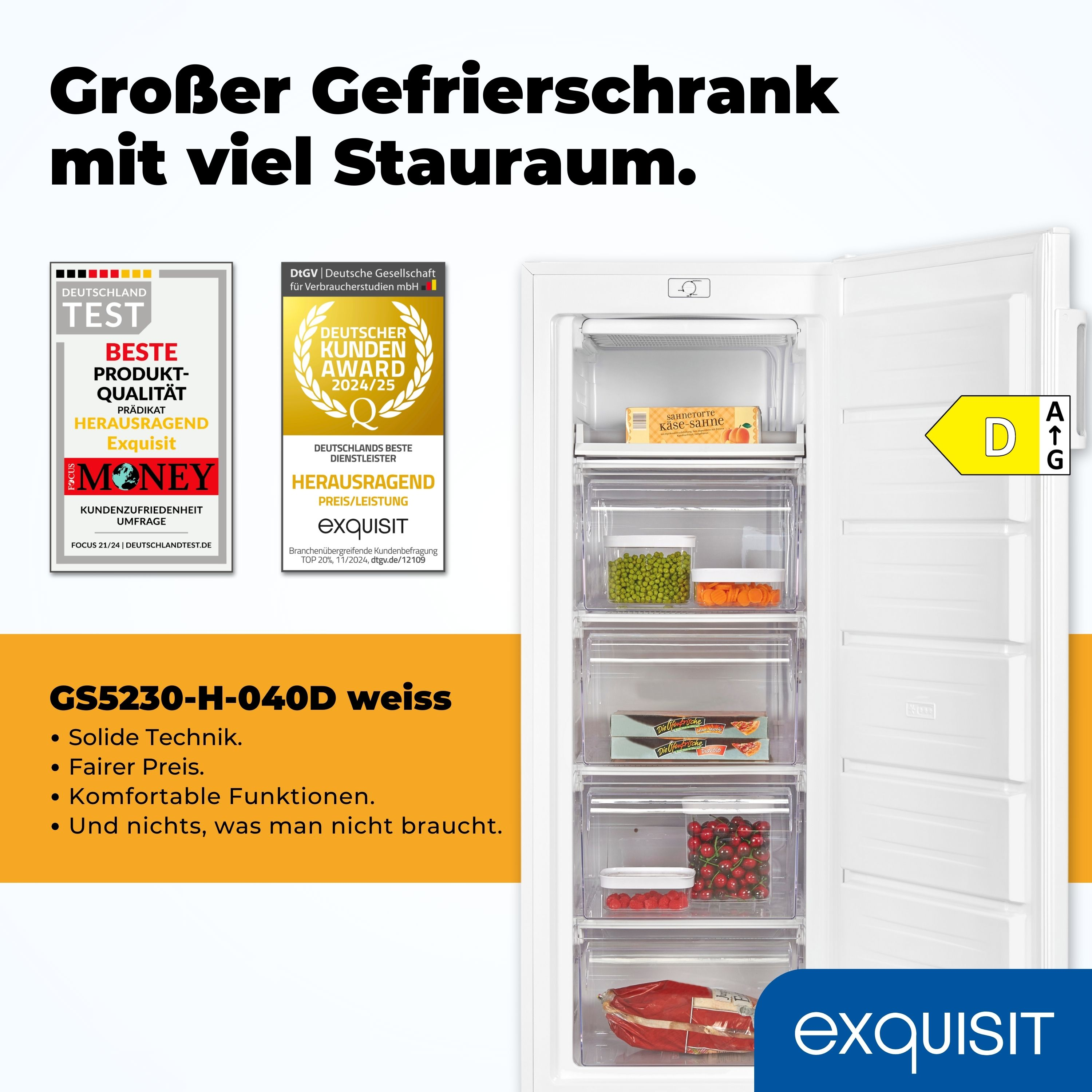 Weißer Kühlschrank mit offener Tür, die Schubladen mit Lebensmitteln zeigt. Auszeichnungen links.