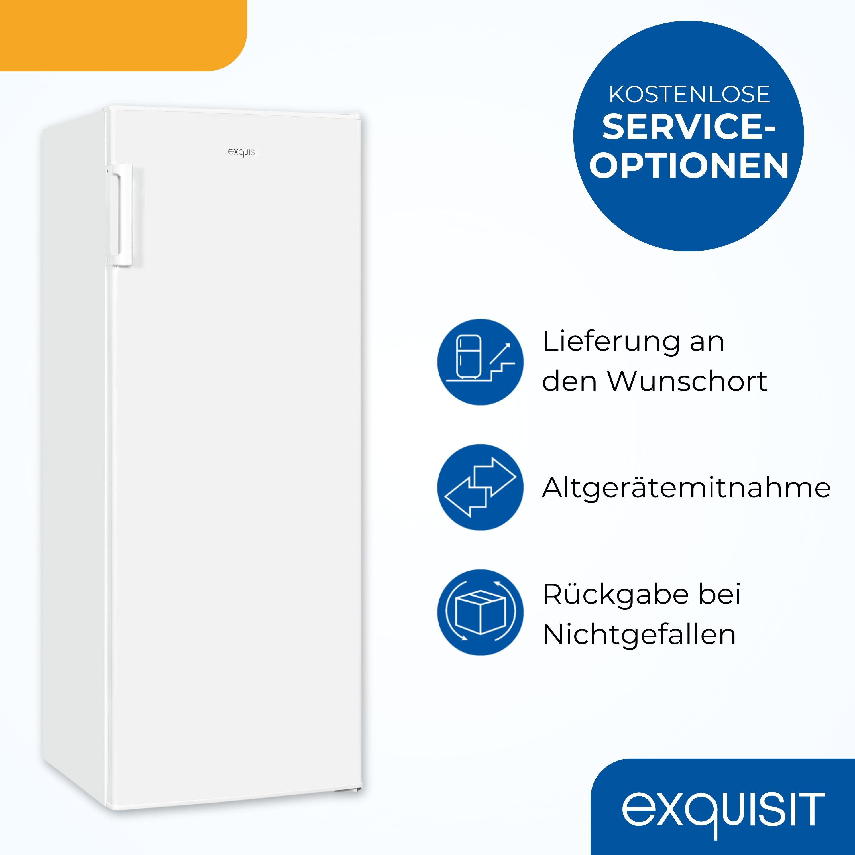 Weißer Exquisit-Kühlschrank mit Service-Optionen-Symbolen und Text auf blauem Hintergrund.