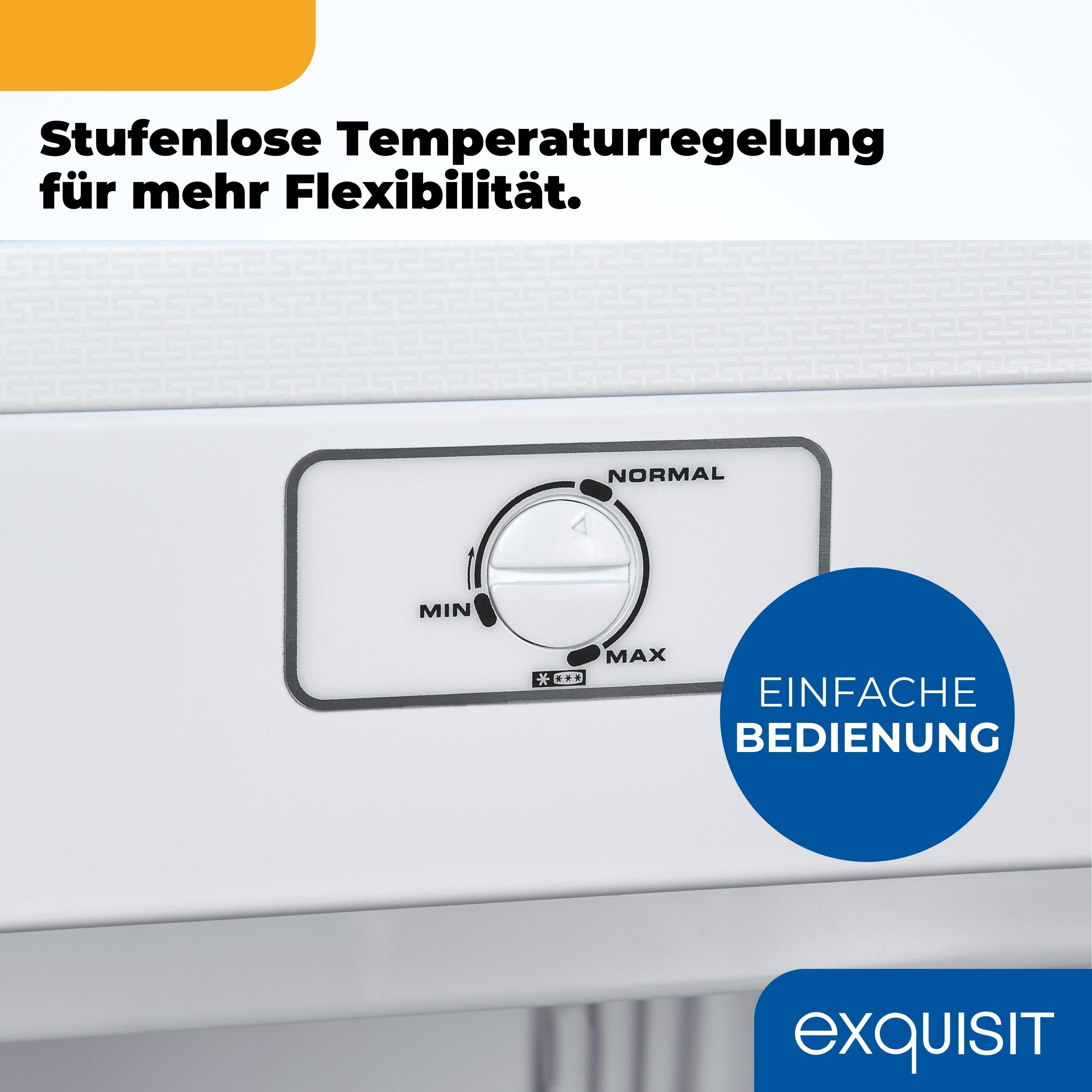 Temperaturregler an einem weißen Gerät. Einstellungen für MIN, MAX und NORMAL.