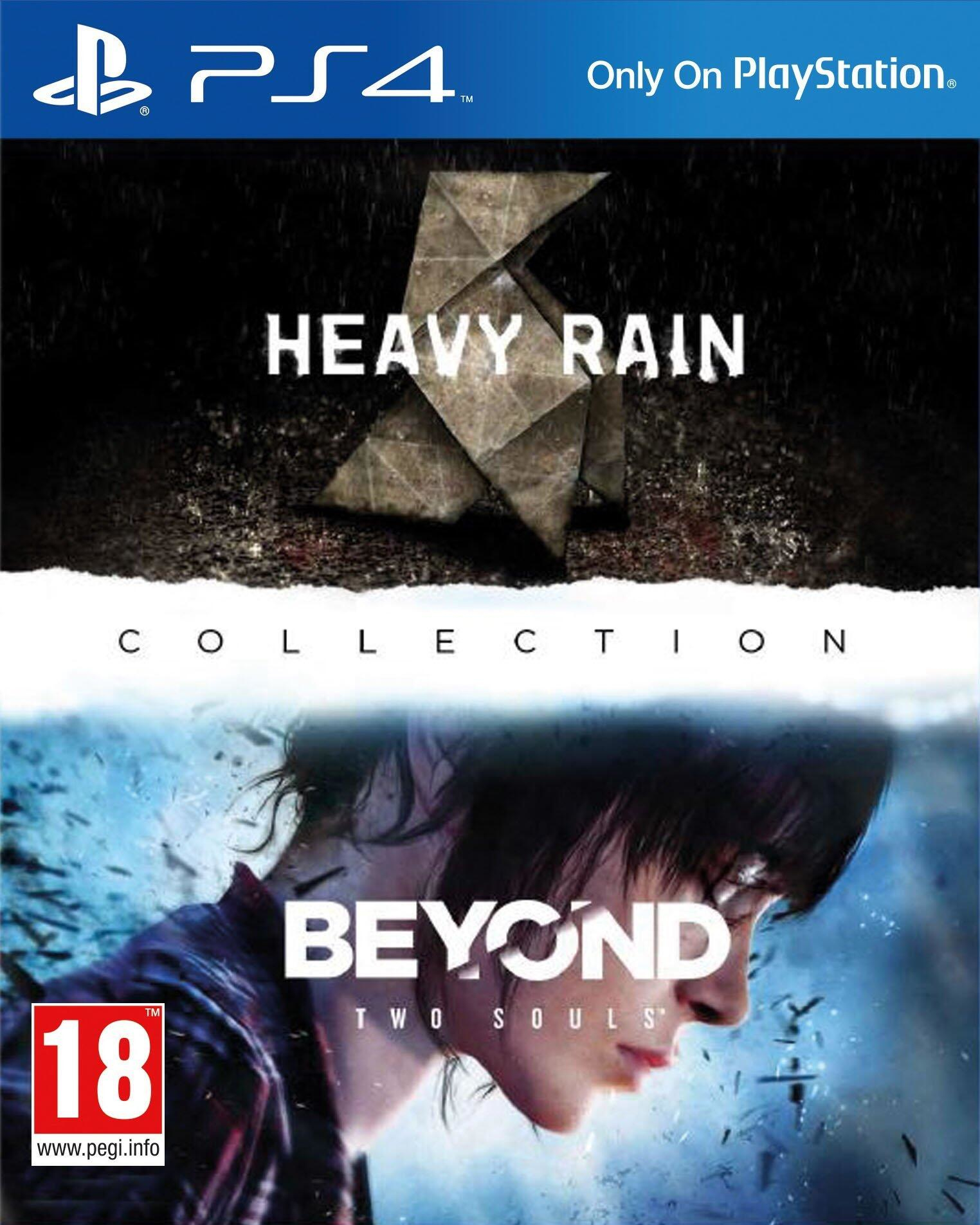 Copertina del gioco: Titoli Heavy Rain e Beyond: Two Souls, volto di donna di profilo e loghi del gioco. Logo PS4.