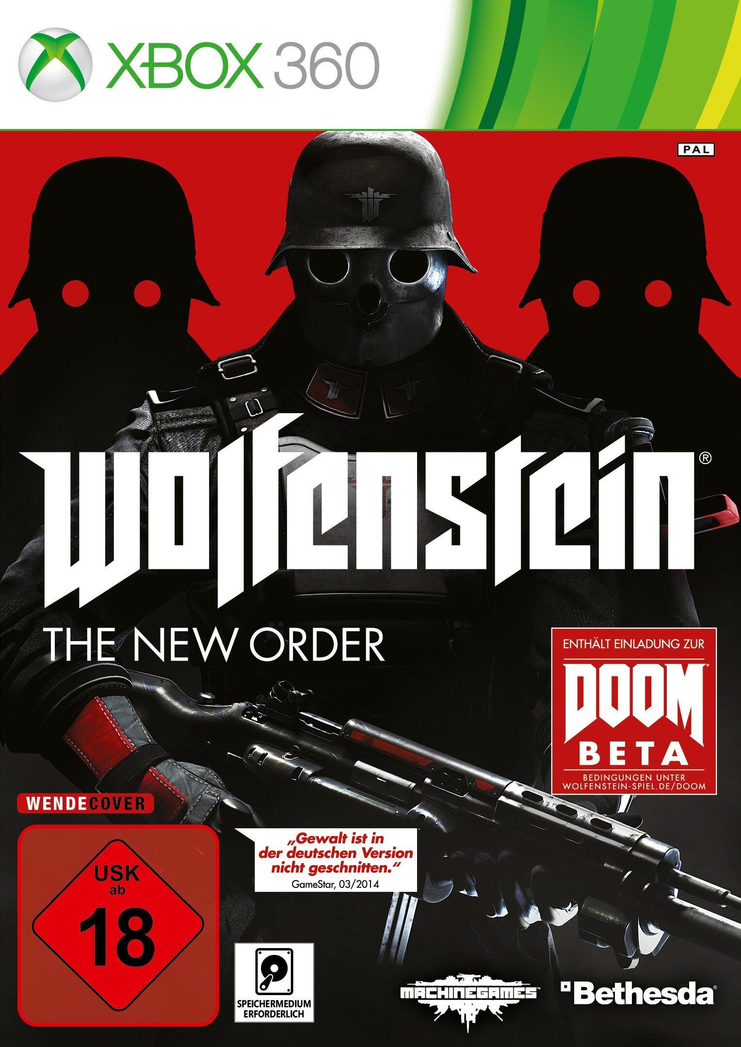 Copertina del gioco Wolfenstein: The New Order Xbox 360, con soldati e un'arma, su sfondo rosso.