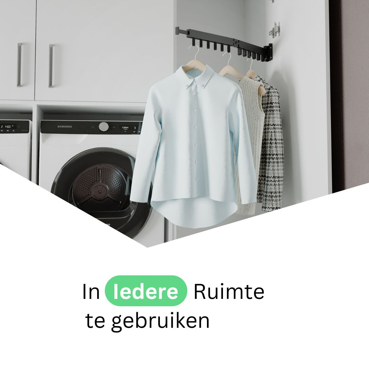 Vêtements suspendus dans une armoire blanche, avec un lave-linge et un sèche-linge, avec du texte en néerlandais.