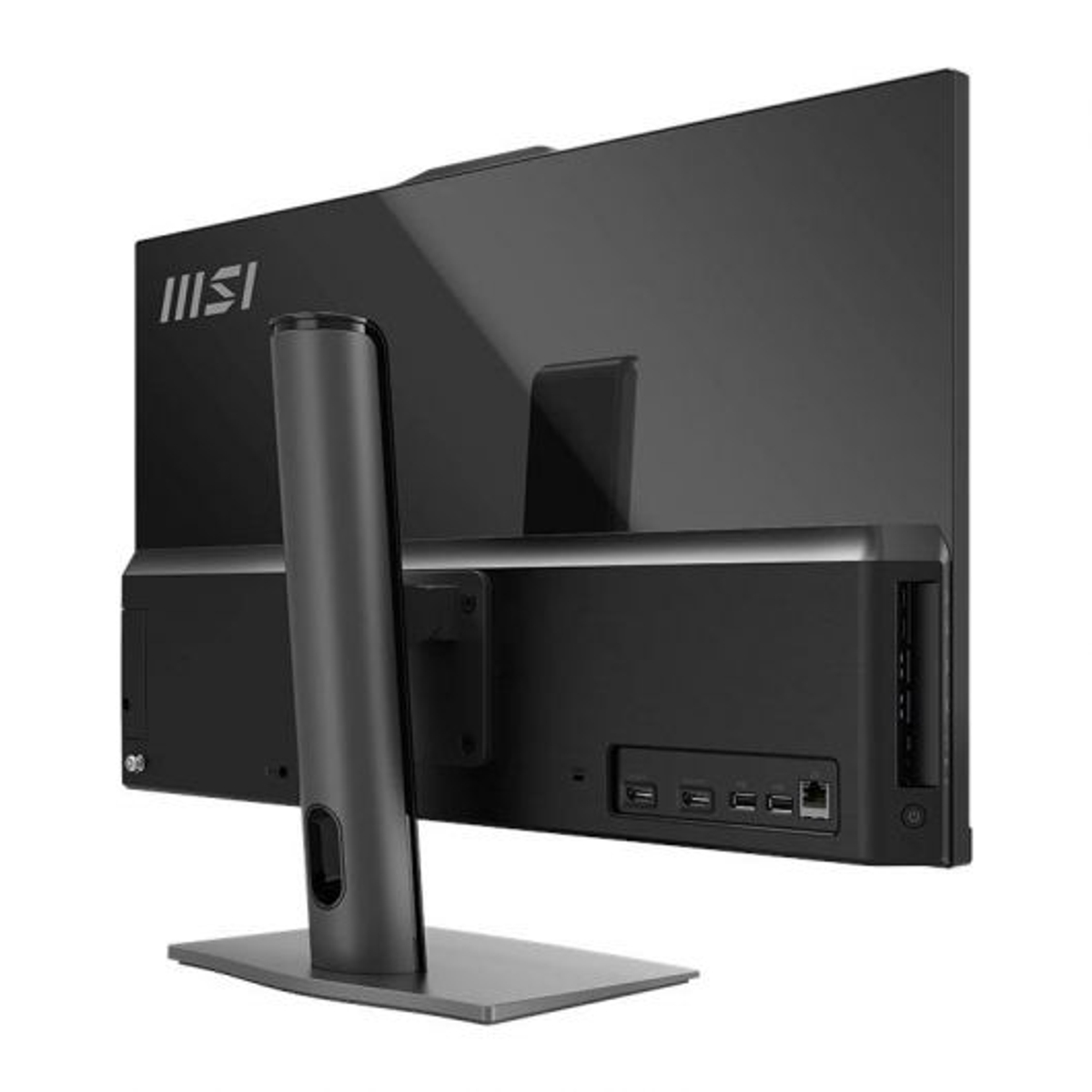 La parte trasera de un PC MSI All-in-One de 27 pulgadas. Tiene un marco negro, soporte y puertos.