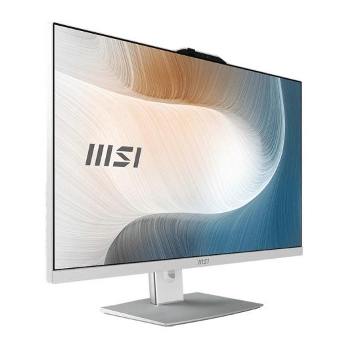 Un PC MSI All-in-One de 27 pulgadas con marco y soporte blancos. Tiene una cámara web y un diseño de pantalla.