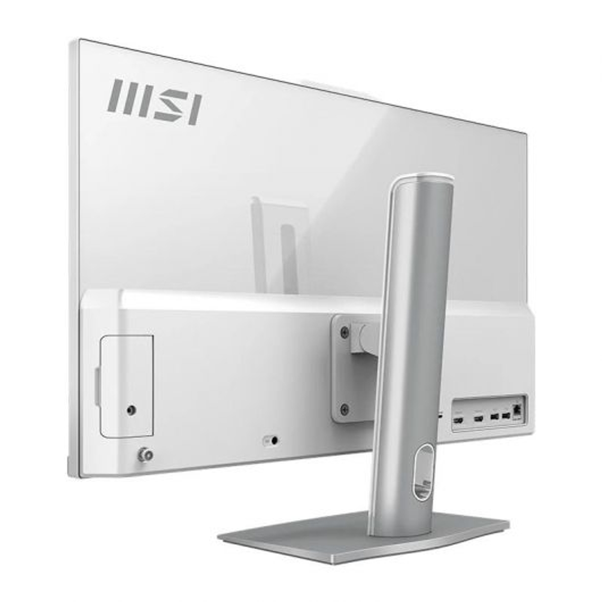 La parte trasera de un PC MSI All-in-One de 27 pulgadas con marco blanco y soporte plateado. Tiene puertos.