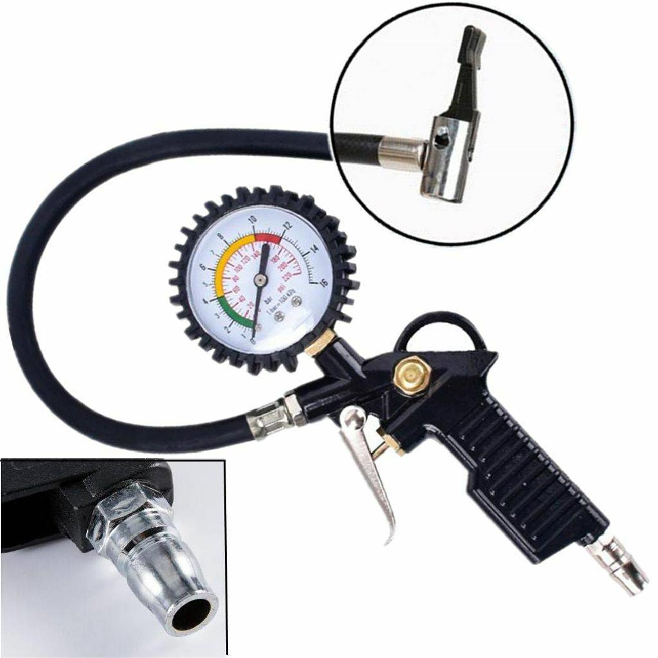 Luftkompressor mit Manometer, schwarzem Schlauch und Pistolengriff. Enthält eine Nahaufnahme der Düse.