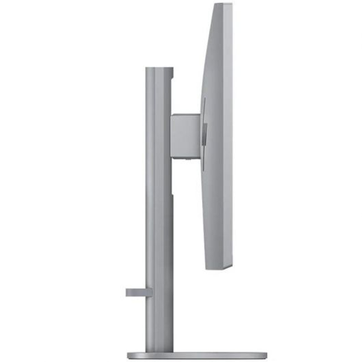Vista lateral de un monitor de computadora plateado con soporte. La pantalla es delgada y tiene un diseño minimalista.