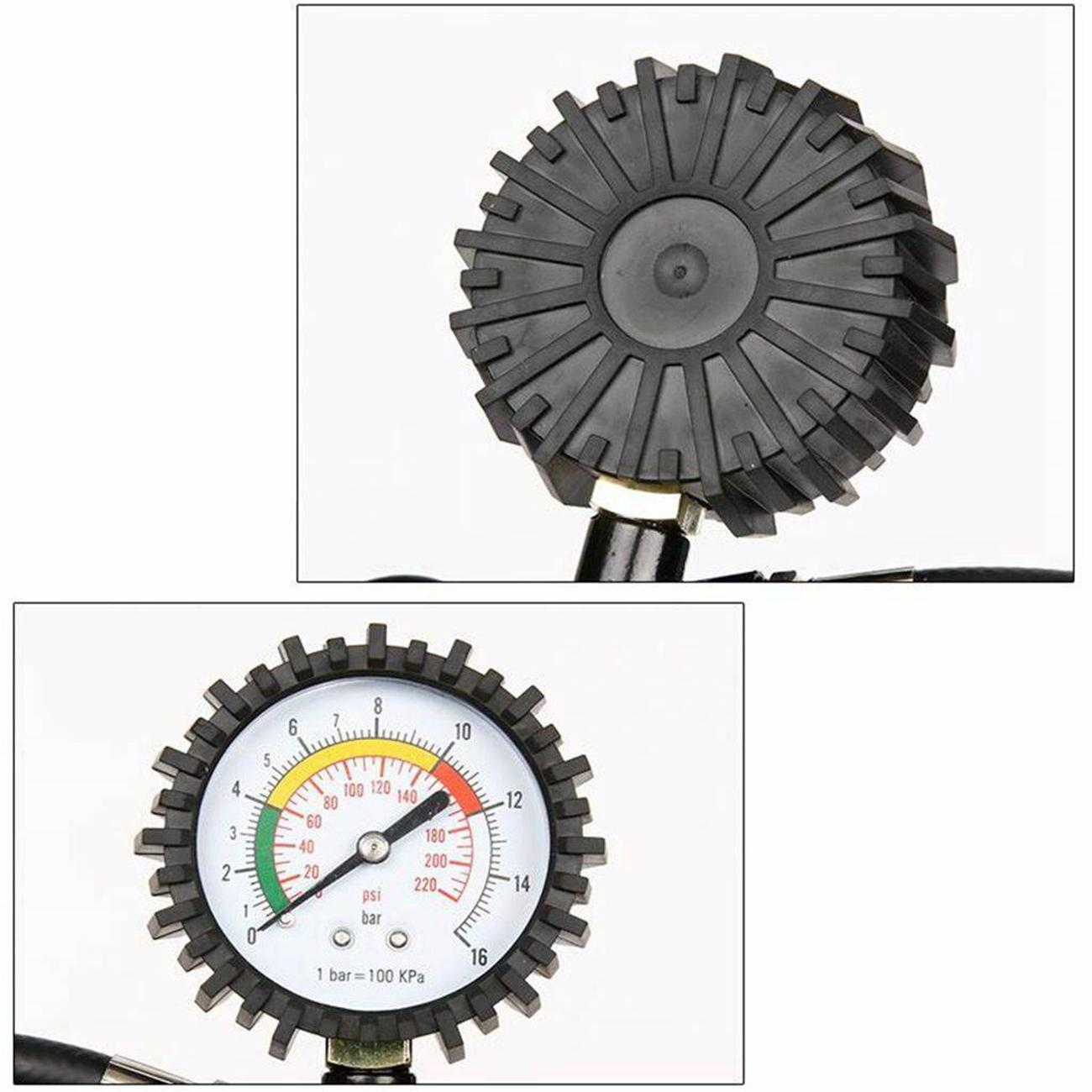 Manometer mit Druckanzeigen, ein Reifenfüller und ein schwarzes Kunststoffende.