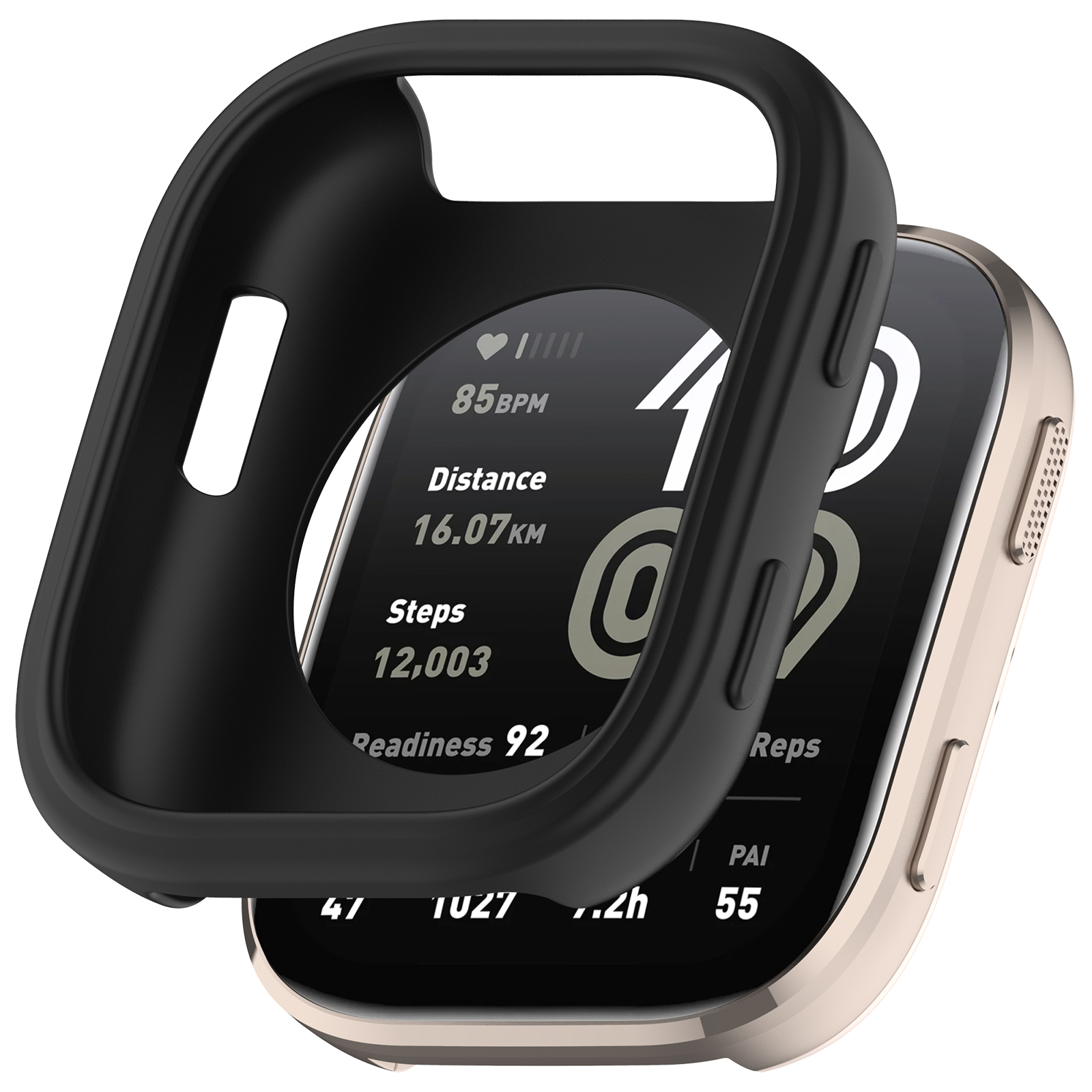 Smartwatch mit schwarzer Schutzhülle. Zeigt Gesundheitsdaten: Herzfrequenz, Schritte, Distanz, Bereitschaft und Wiederholungen.