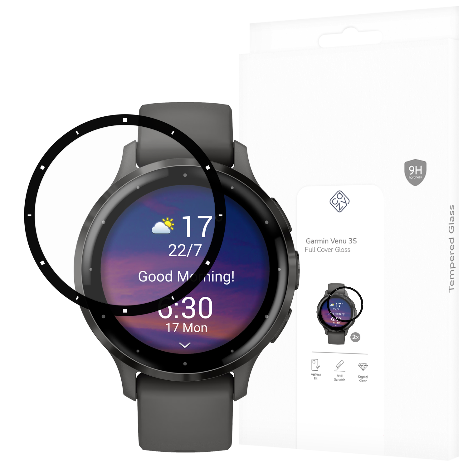 Smartwatch mit Displayschutzfolie und weißer Box. Die Uhr zeigt eine Wetter-App und die Uhrzeit an.
