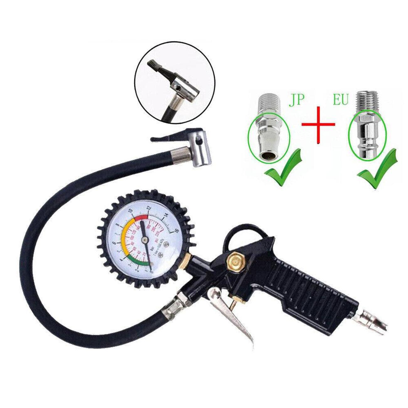 Luftsprühpistole mit Manometer. Enthält schwarzen Schlauch und zwei verschiedene Düsen.