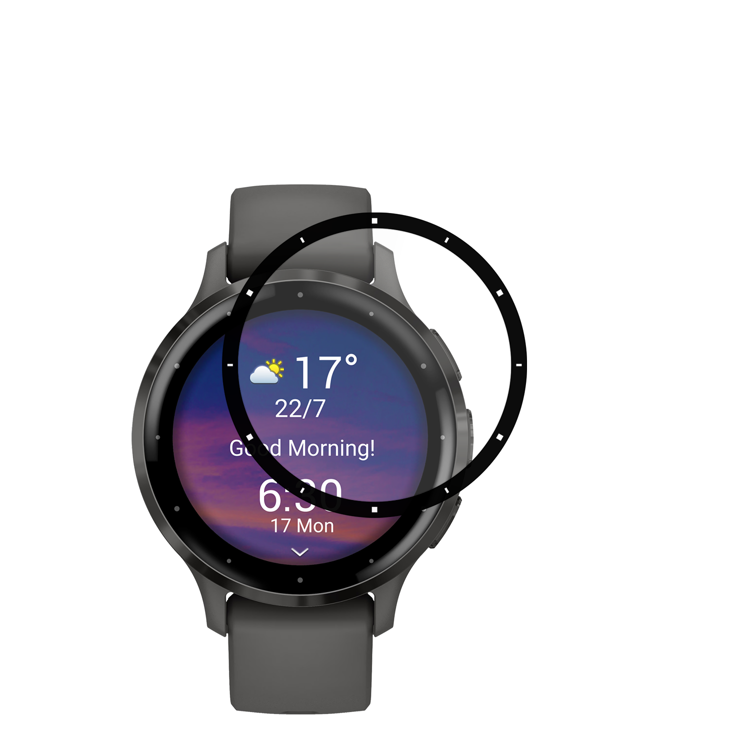 Smartwatch mit dunkelgrauem Armband und einem schwarz-weißen Display mit Datum und Uhrzeit.