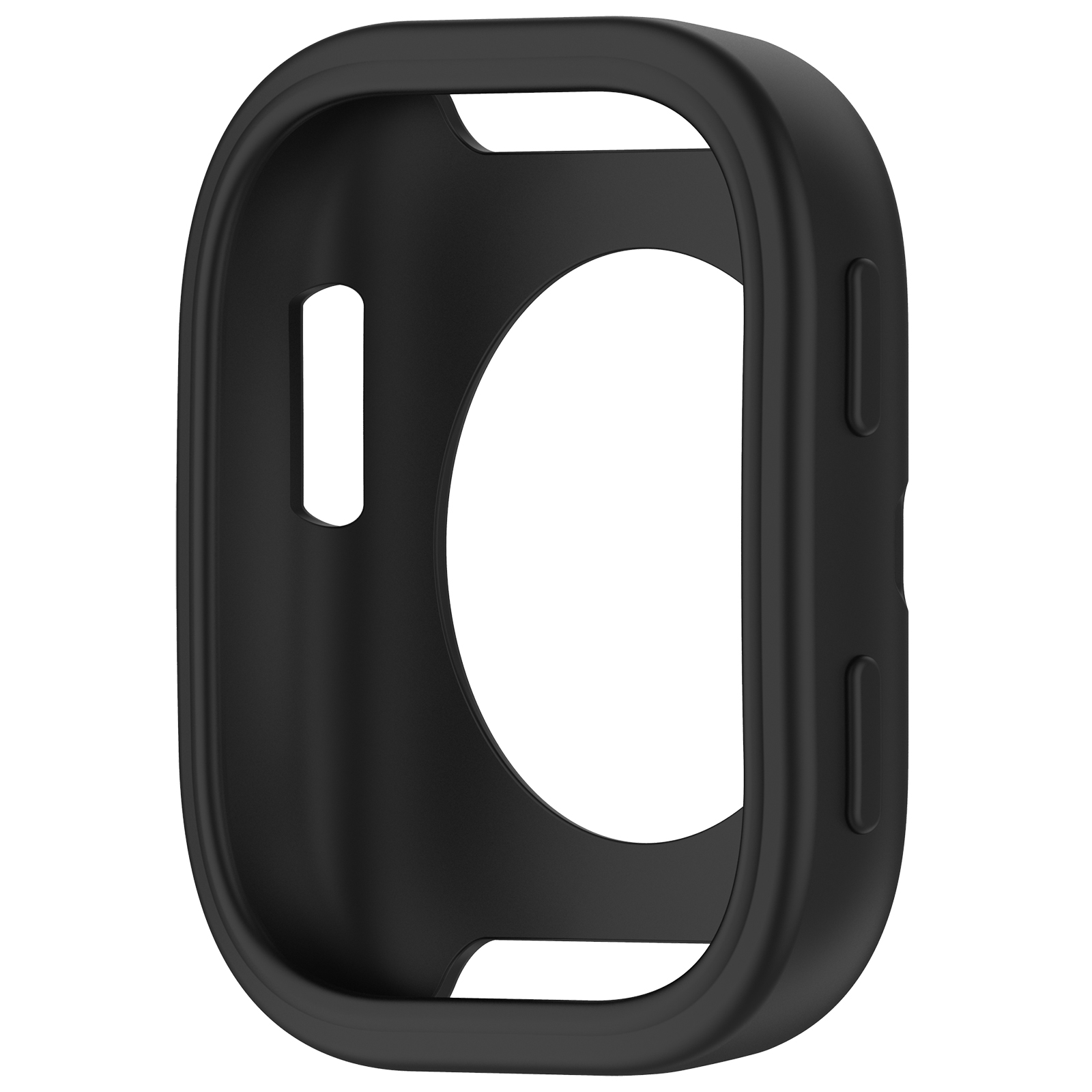 Schwarze Schutzhülle für eine Smartwatch. Mit Aussparungen für Bildschirm und Tasten.