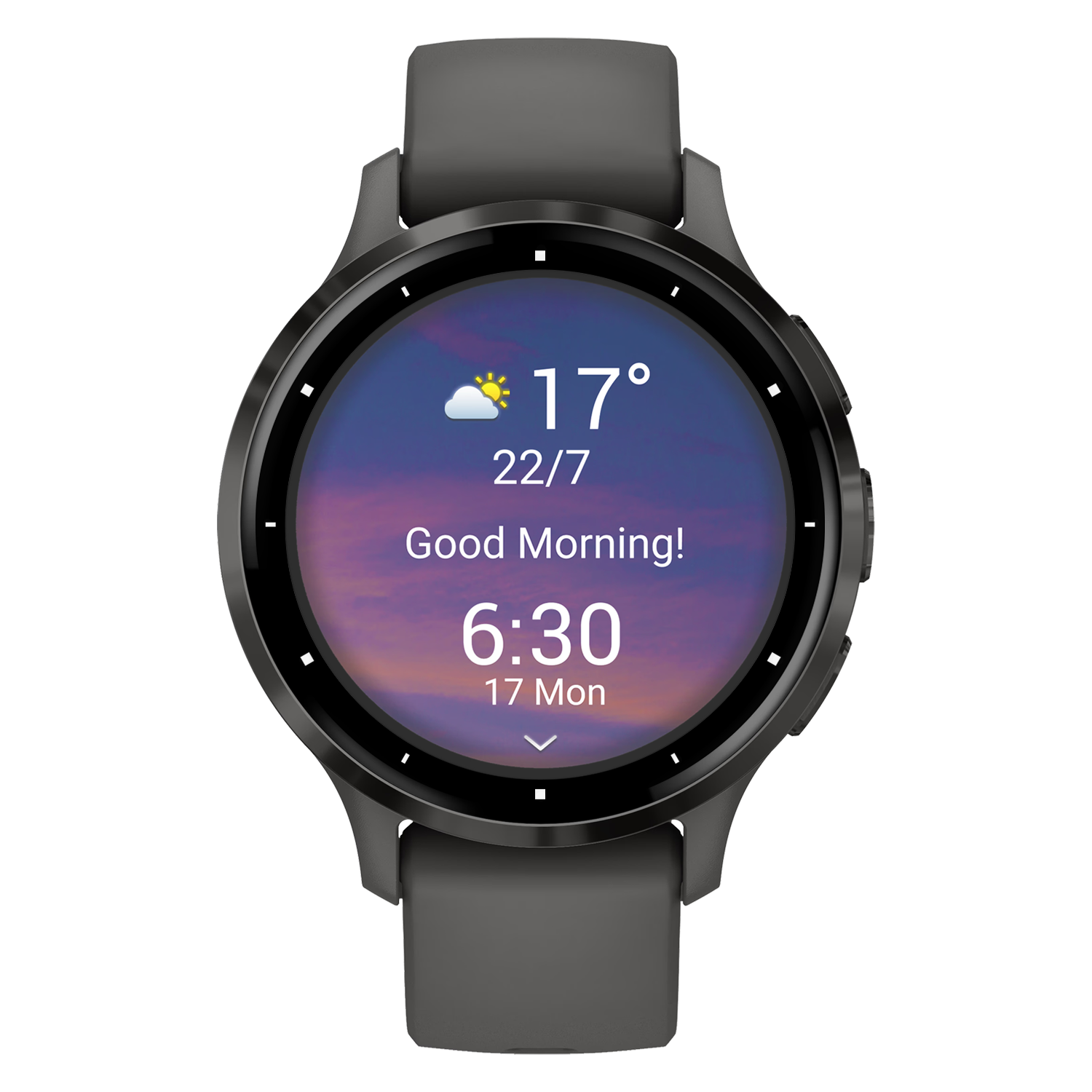 Smartwatch zeigt Zeit, Wetter und Datum an. Graues Armband, schwarzes Zifferblatt.