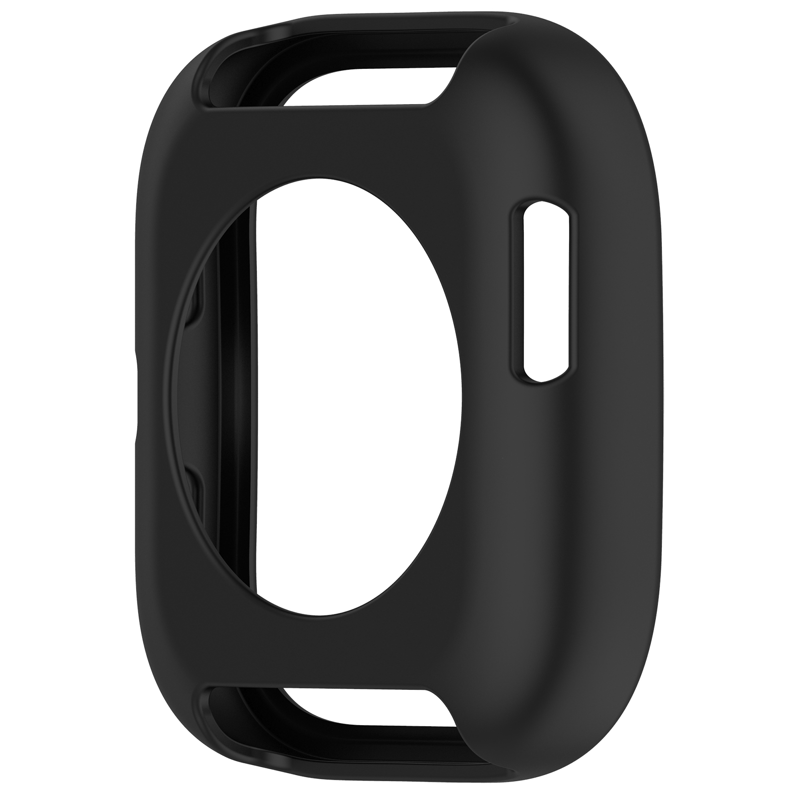 Schwarze Schutzhülle mit Aussparungen für eine Smartwatch. Die Hülle hat eine runde Form.