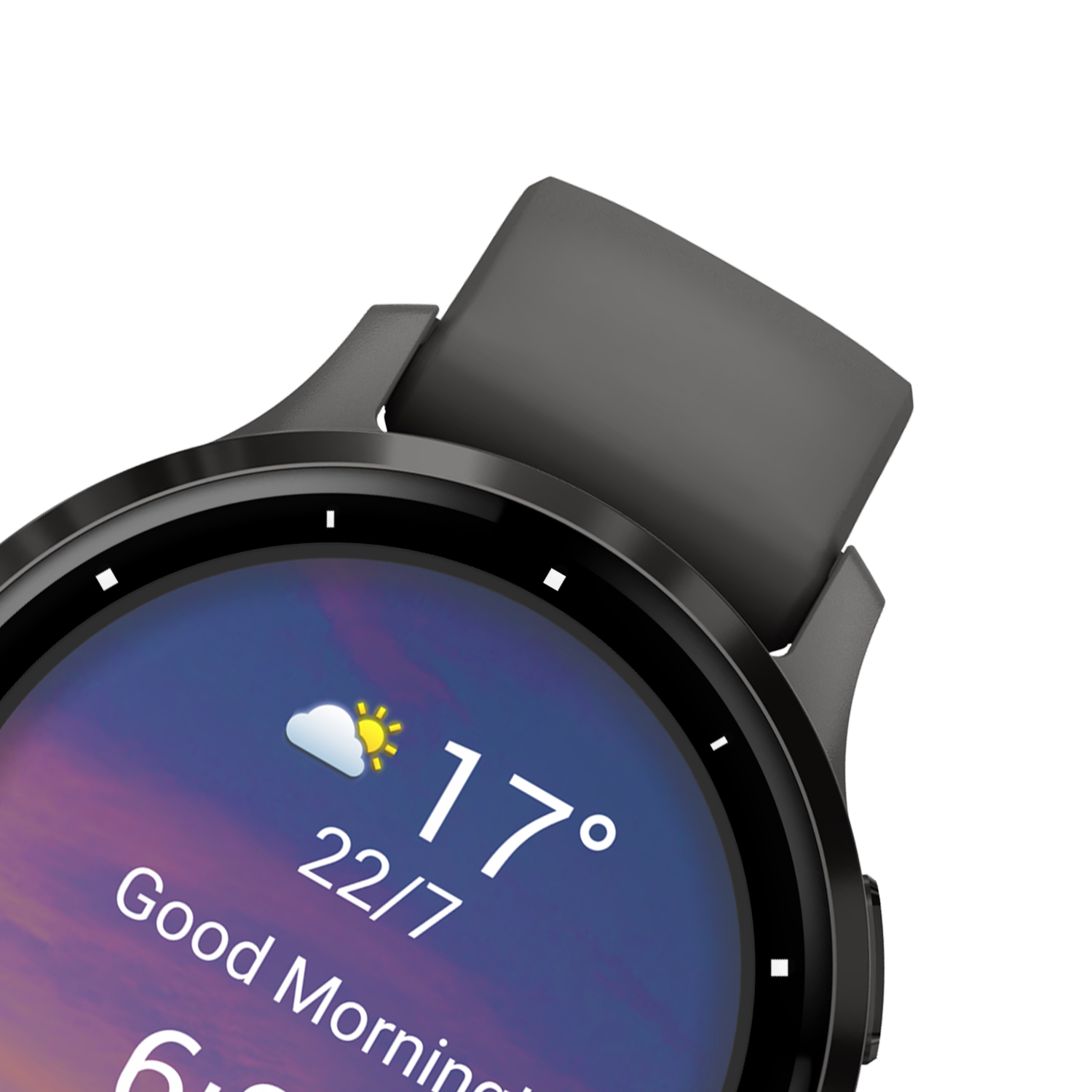 Eine schwarze Smartwatch mit digitaler Anzeige, die das Wetter und die Uhrzeit anzeigt. Der Hintergrund ist schwarz.