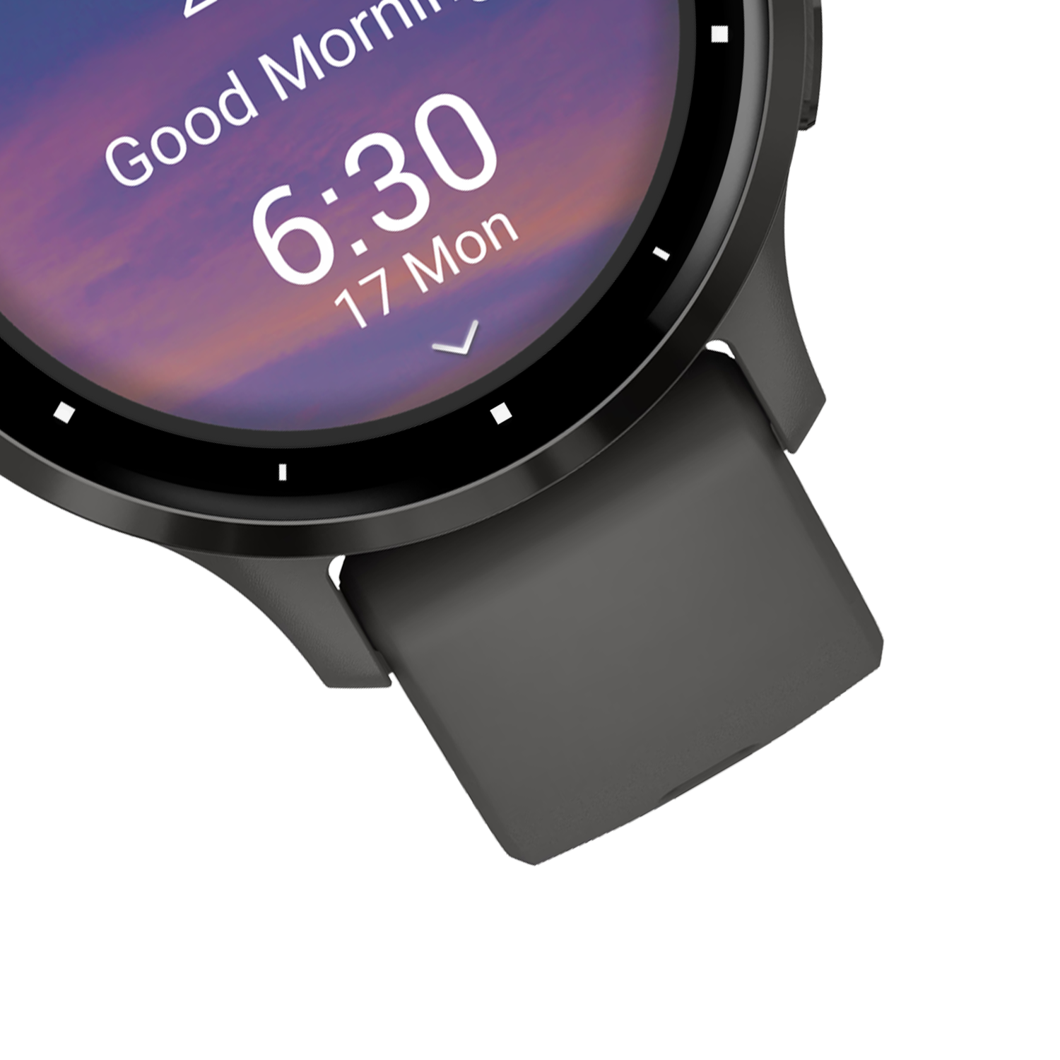 Nahaufnahme einer Smartwatch, die Zeit und Datum anzeigt. Graues Armband, schwarzes Zifferblatt.