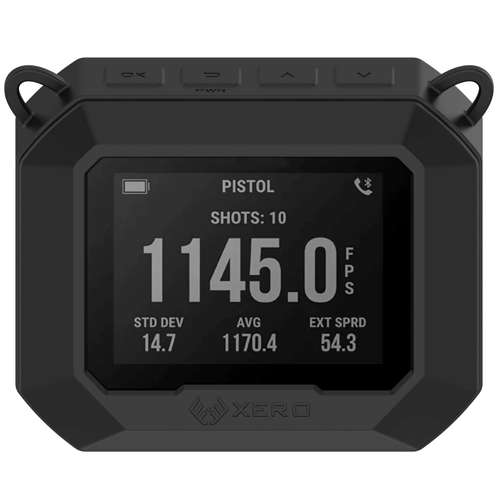 Dispositivo nero con schermo che mostra dati. Presenti pulsanti e icona batteria.