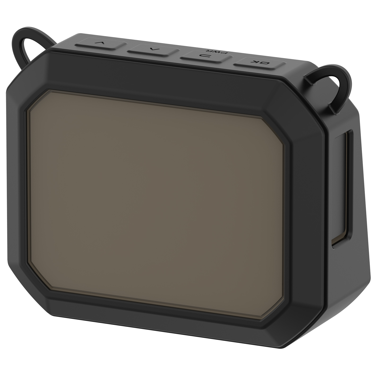 Altoparlante portatile robusto nero e marrone con pulsanti.