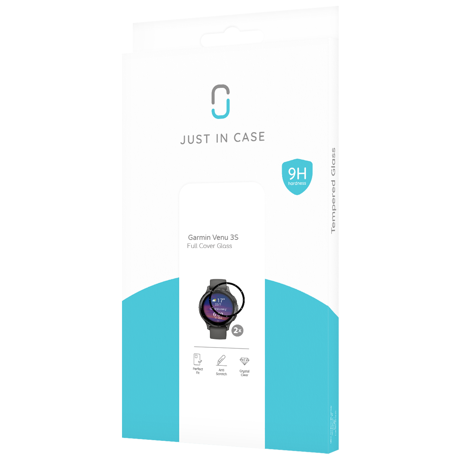 Eine weiße und blaue Just In Case Box mit Smartwatch-Grafik, die eine Smartwatch anzeigt.