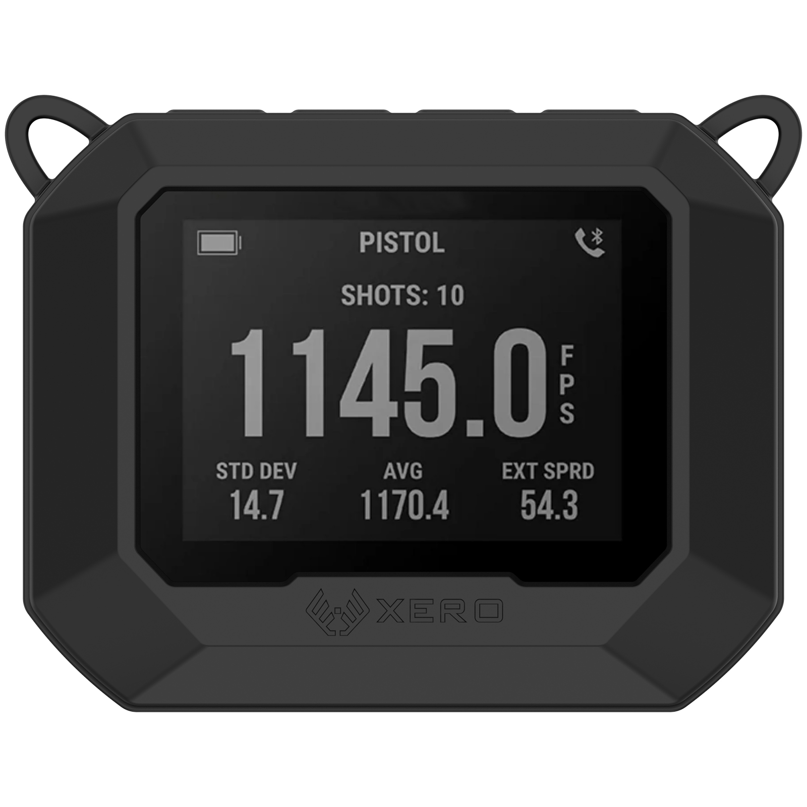 Dispositivo Xero nero con display che mostra numeri e dati. Due attacchi ad anello.