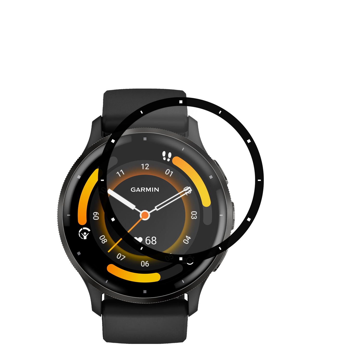 Schwarze Smartwatch mit rundem Display. Zeigt Zeit und Gesundheitsmetriken in Orange und Weiß an.