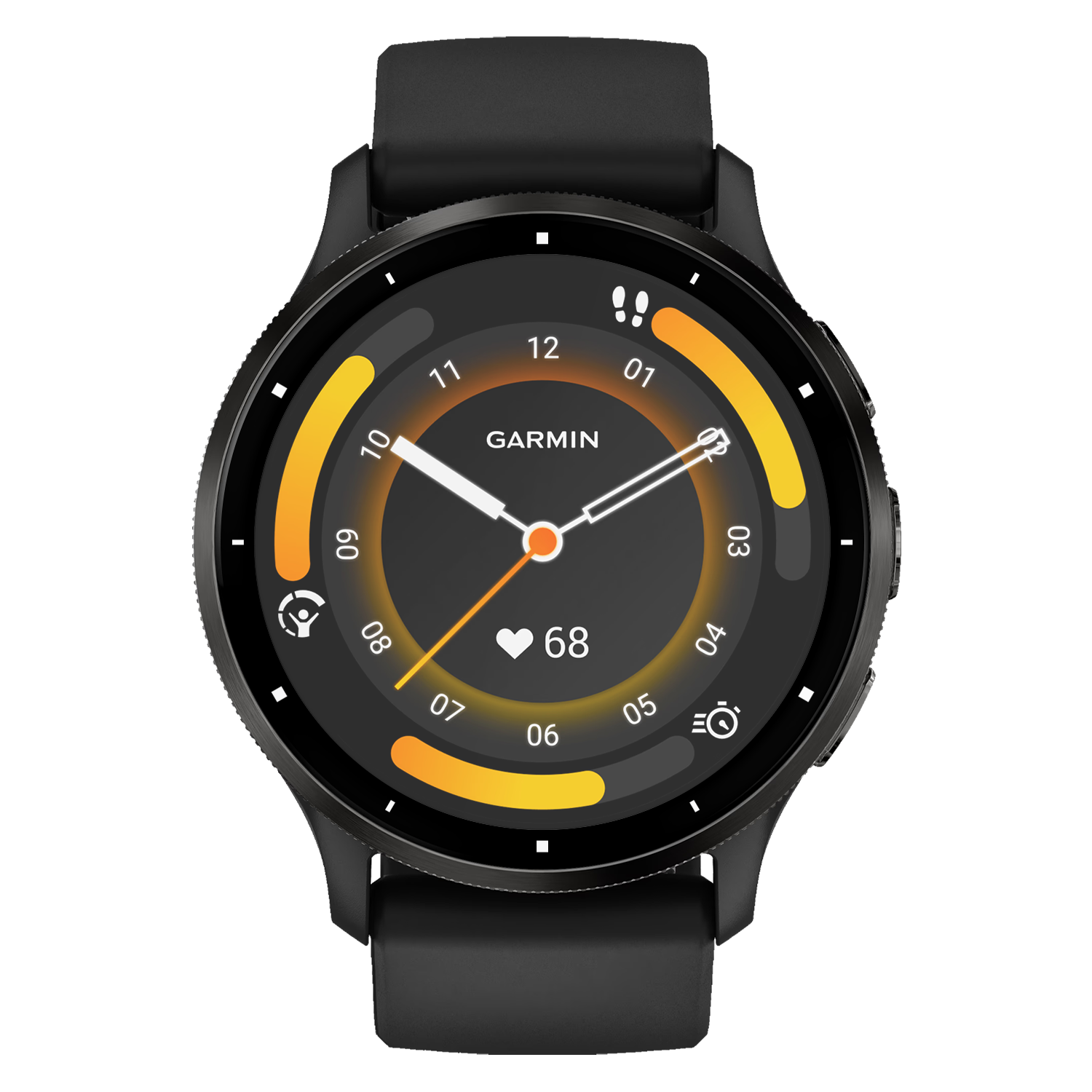 Schwarze Garmin Smartwatch, die Zeit und Gesundheitsmetriken anzeigt.